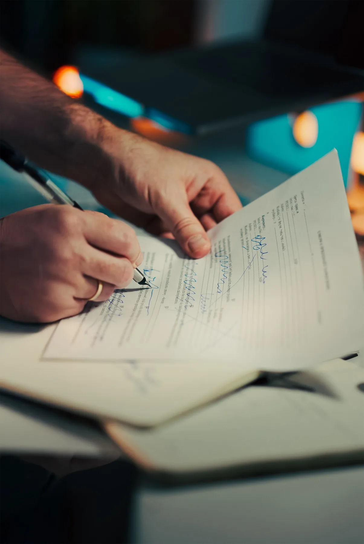 A close-up of two hands, one signing a printed contract with a fountain pen while the other holds the page steady