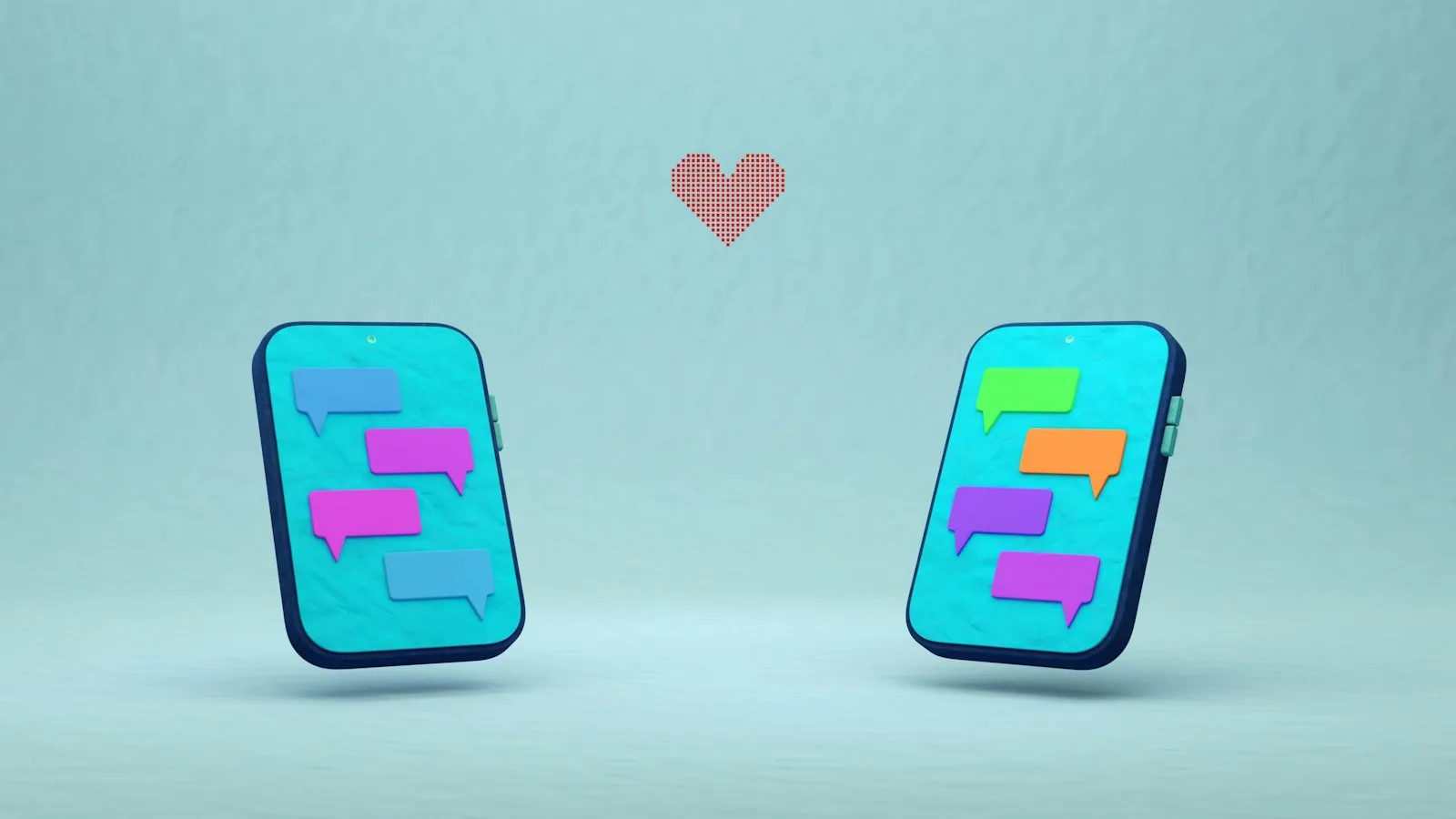 Illustration of two smartphones exchanging colorful chat bubbles with a heart between them