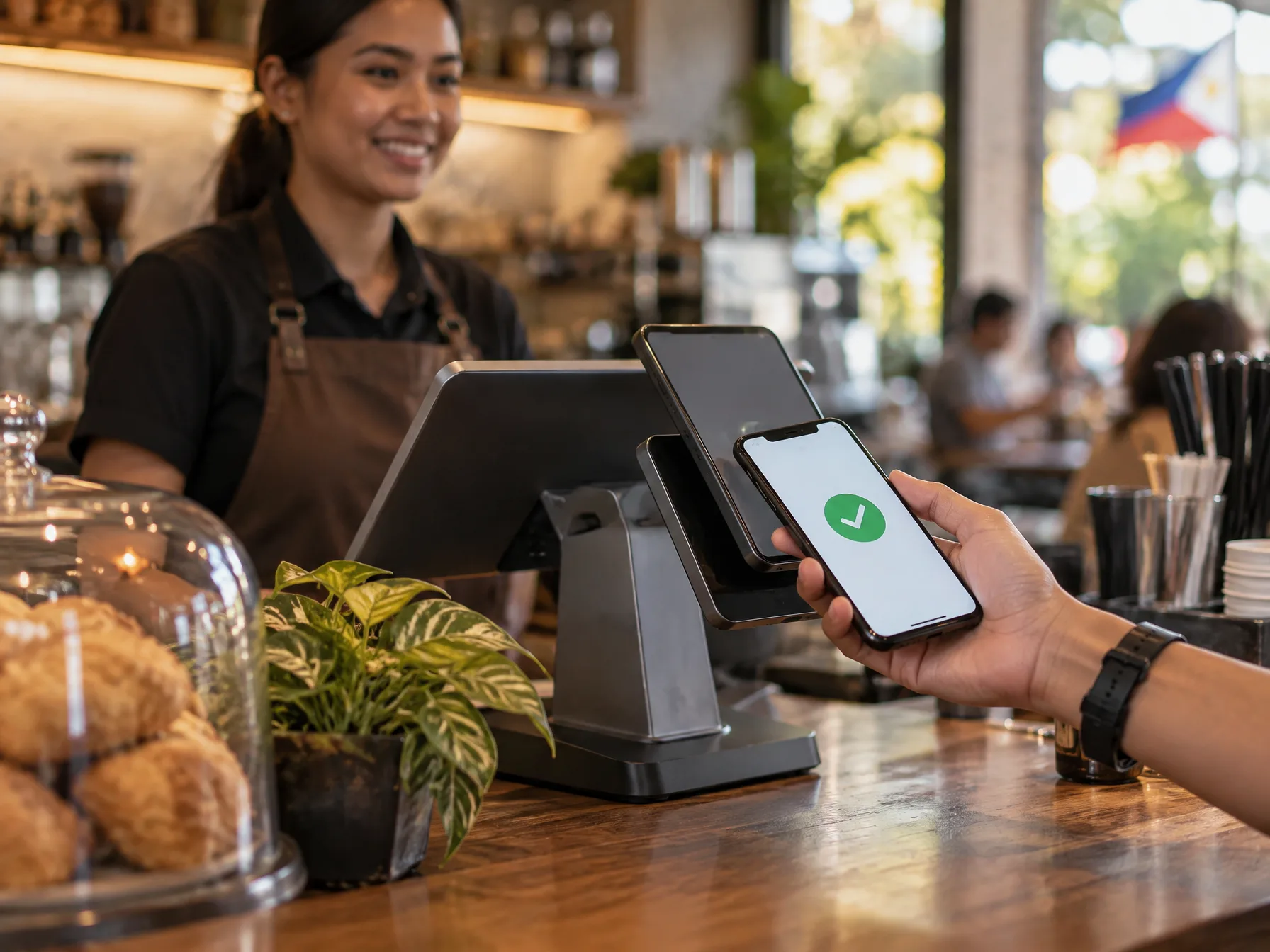Close-up of a modern point-of-sale terminal at a Philippine cafe counter with a customer holding a smartphone showing a digital receipt with a green check