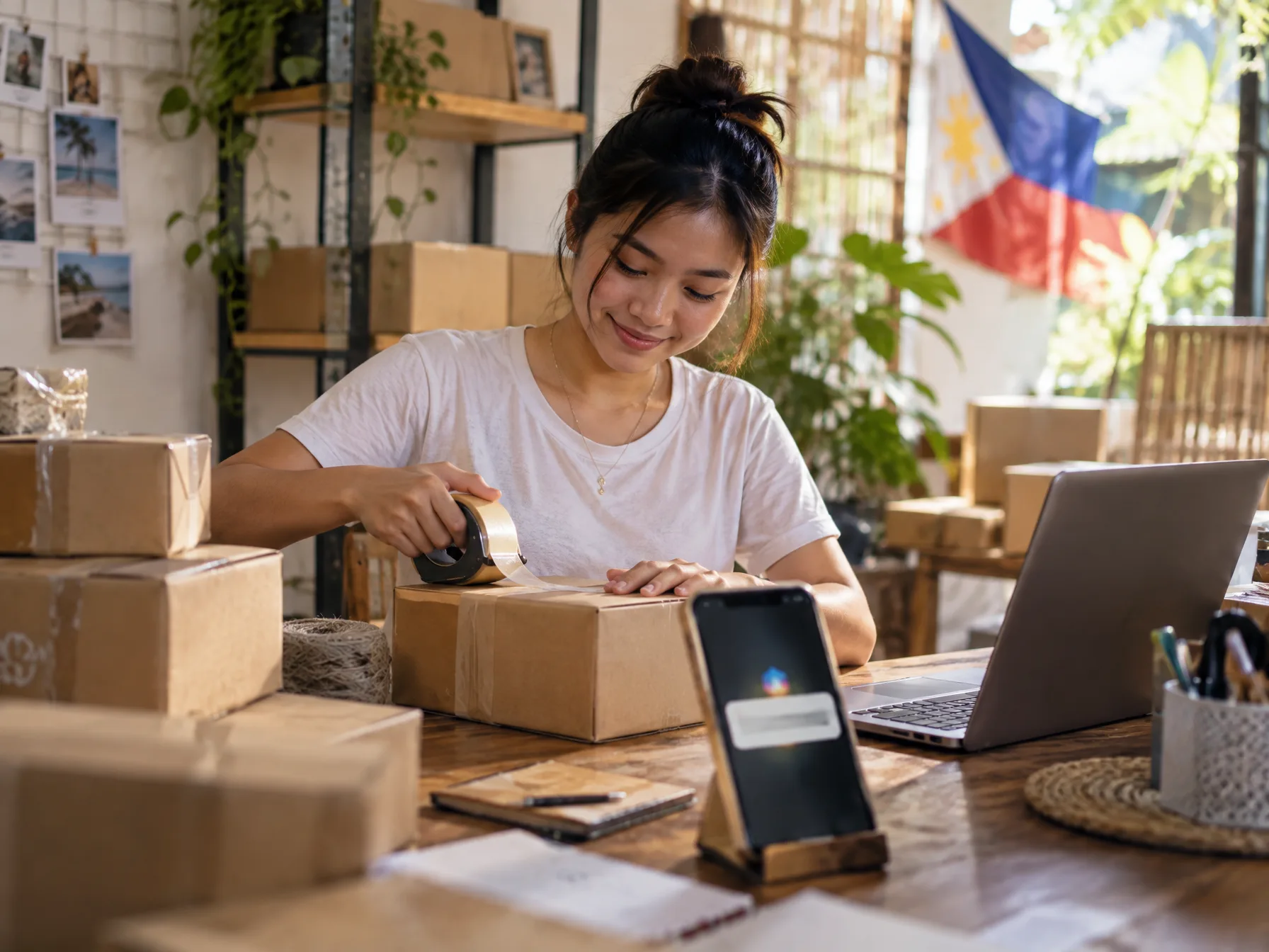 A young Filipino online seller packing parcels at a tidy home-studio table with a laptop and a phone showing an order notification