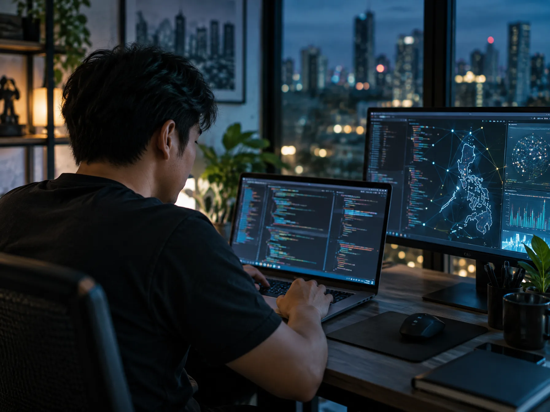 Over-the-shoulder view of a Filipino software engineer at a laptop with a code editor and a second monitor showing a network diagram, in a dark office with a teal glow