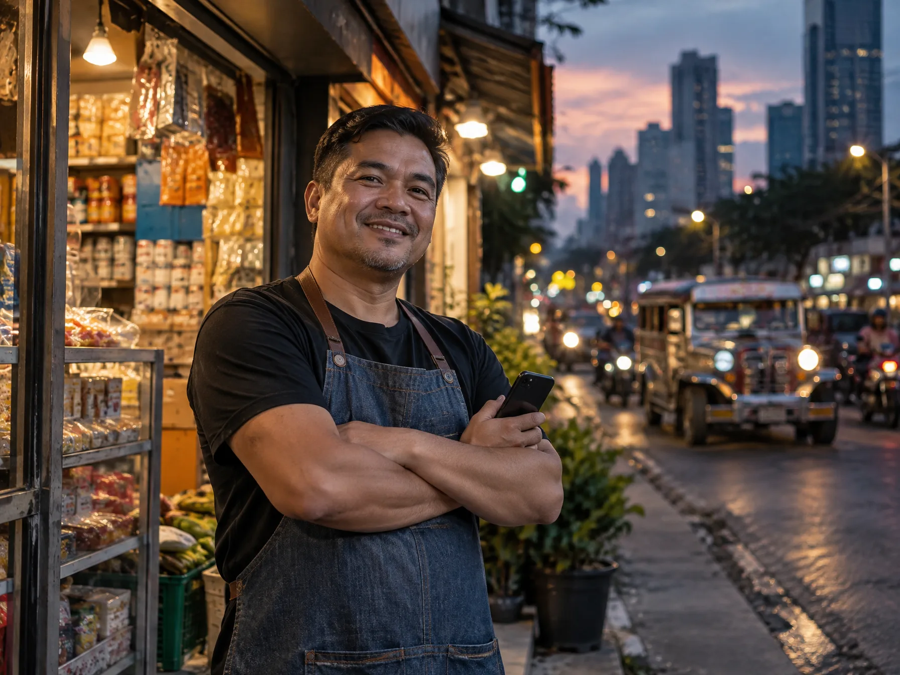 A confident Filipino entrepreneur in front of his small shop at dusk in Metro Manila holding a phone, with city lights blurred behind him