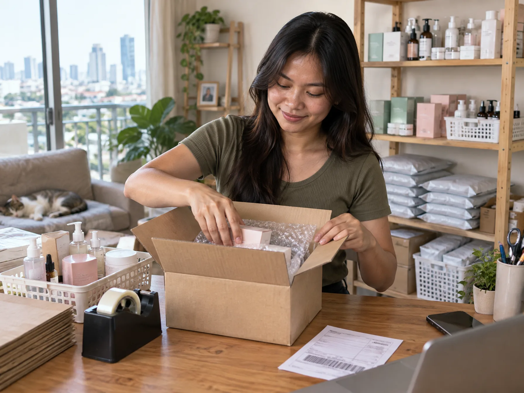 A Filipina online reseller packing small orders at a dining table with inventory shelves