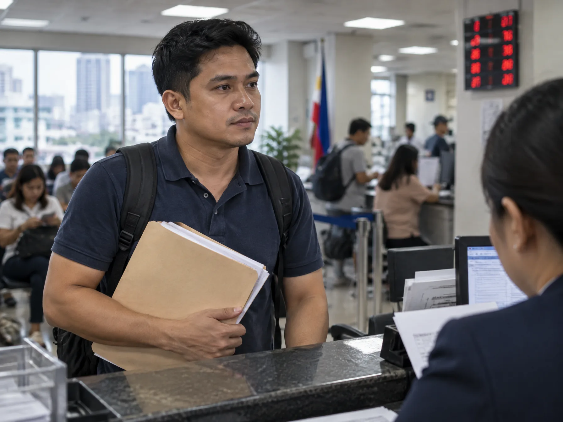 A Filipino seller organizing registration forms and identification beside packed orders