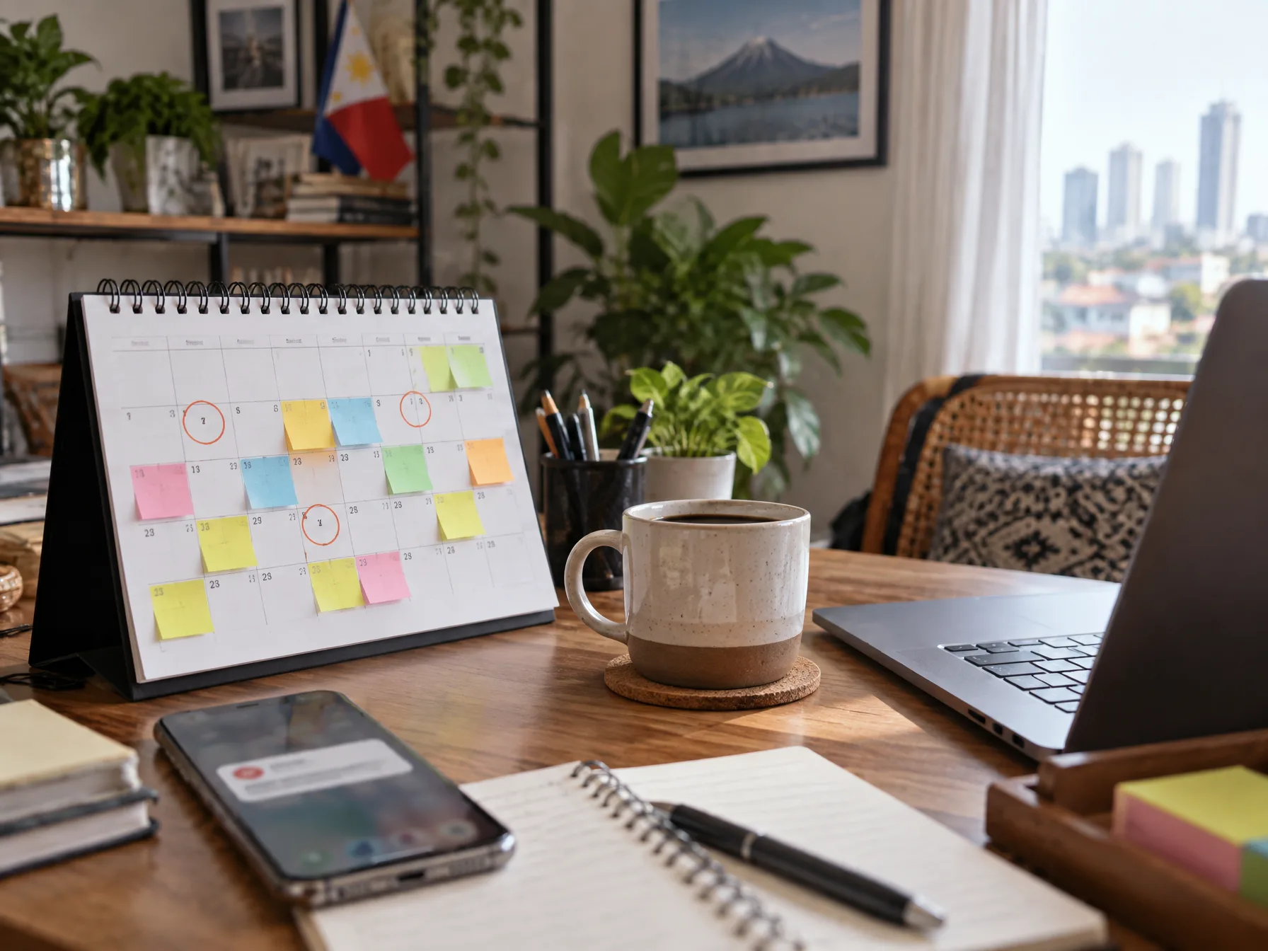 A freelancer checking filing dates on a wall calendar beside a laptop