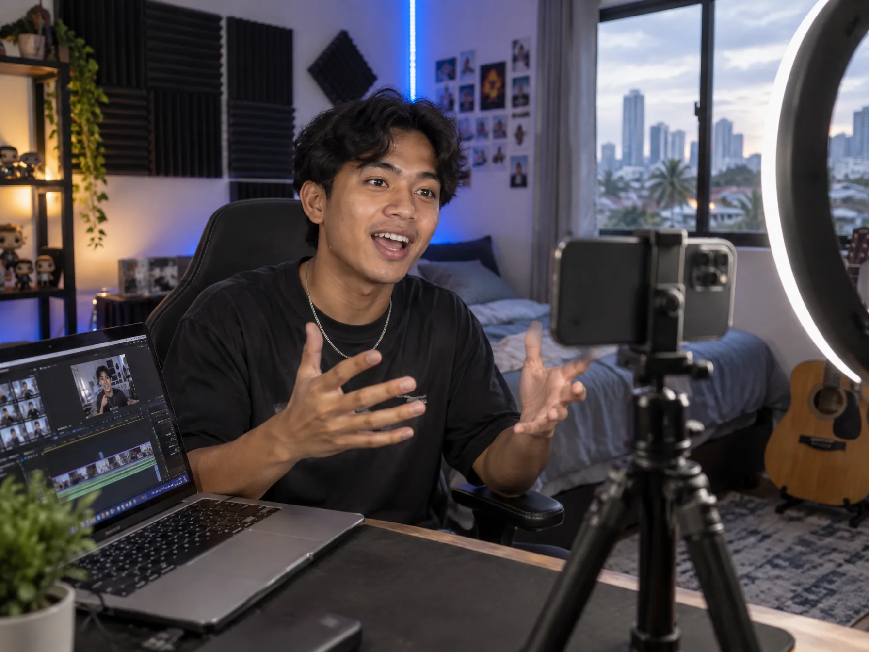 A Filipino creator filming a product tutorial with a phone and ring light in a small condo