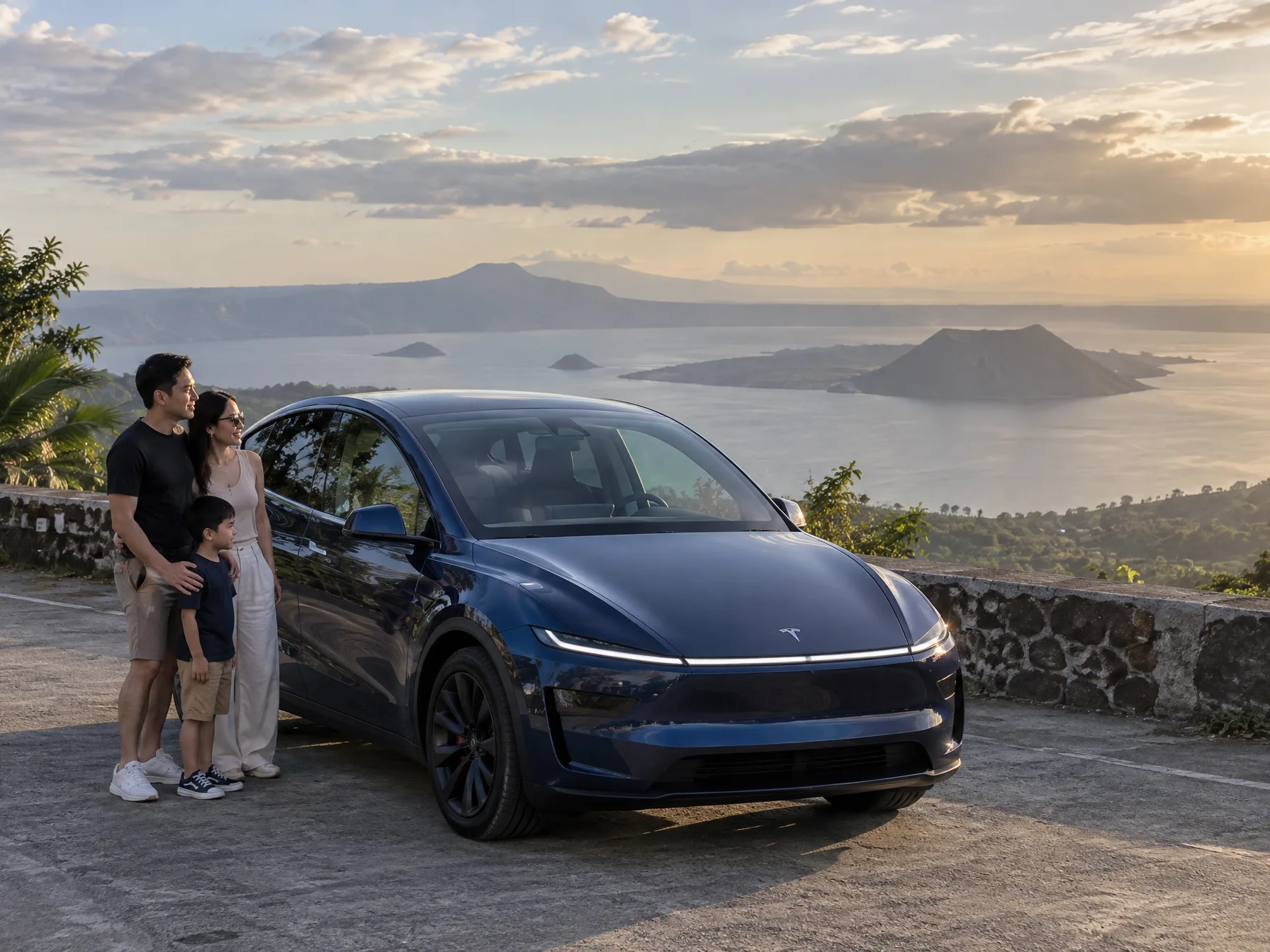 Tesla Model Y L at a Tagaytay ridge viewpoint overlooking Taal Lake