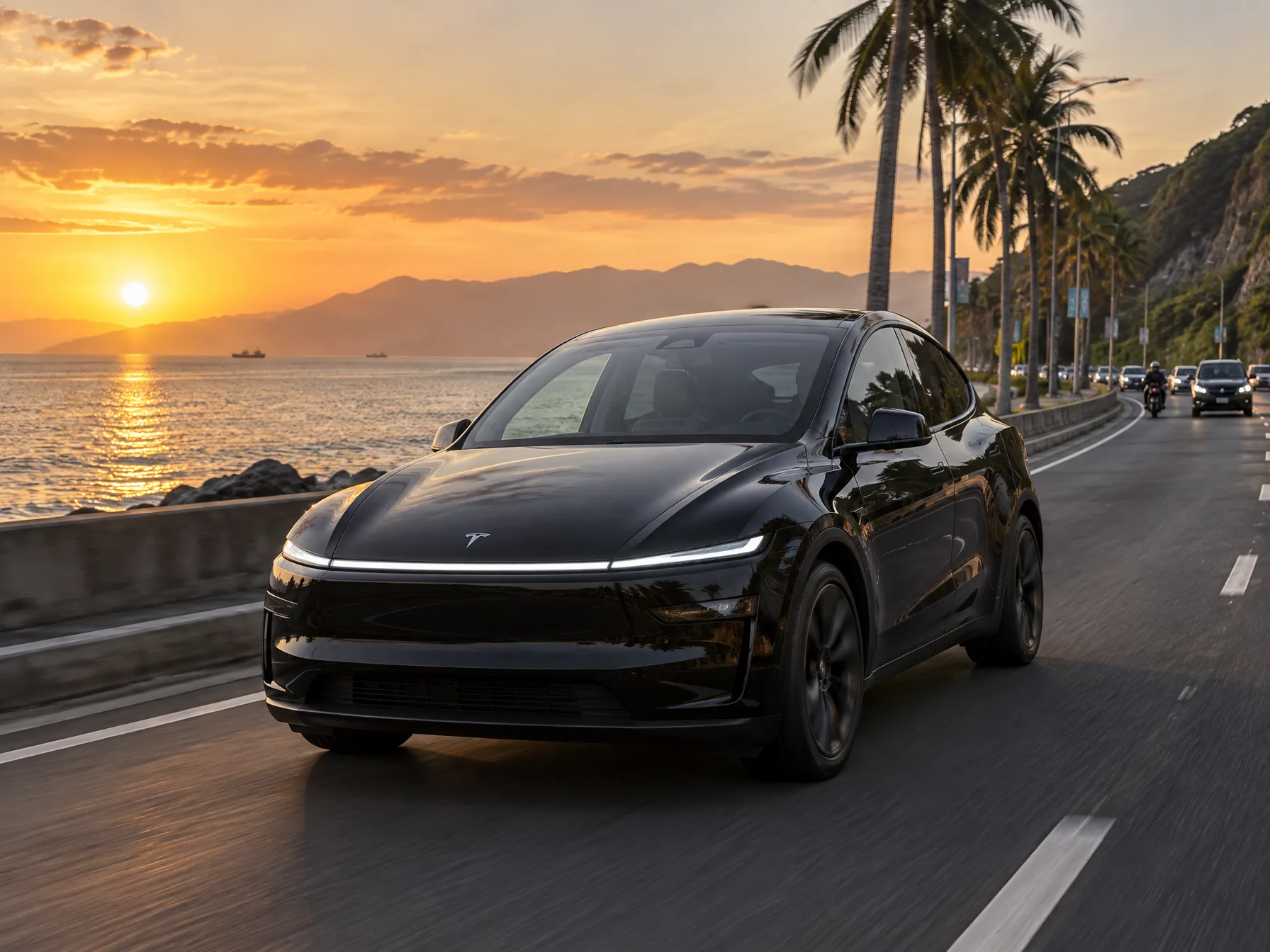 Tesla Model Y L driving along a quiet road in Bataan with Manila Bay to one side