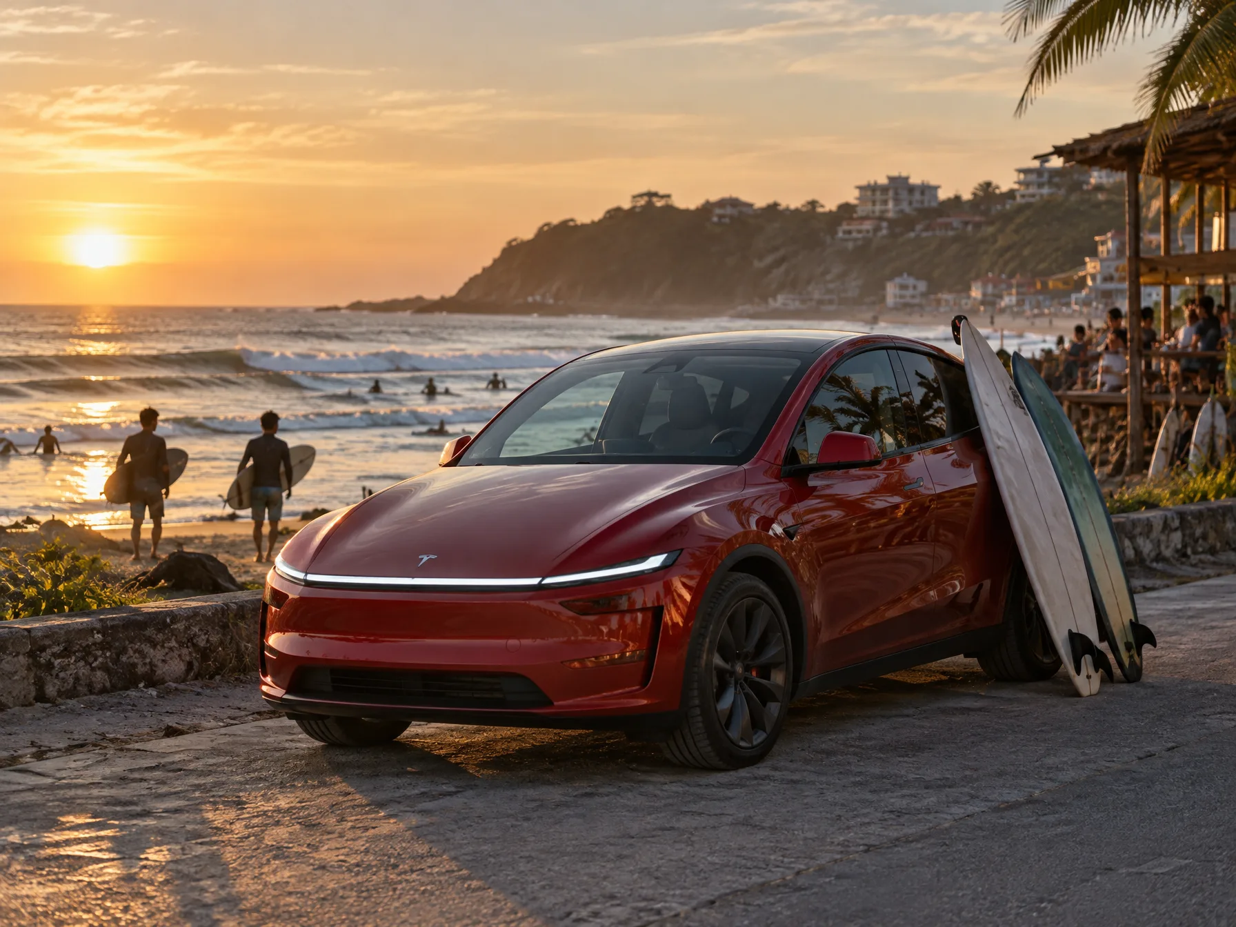 Tesla Model Y L on a coastal road near a surf beach in La Union at sunset