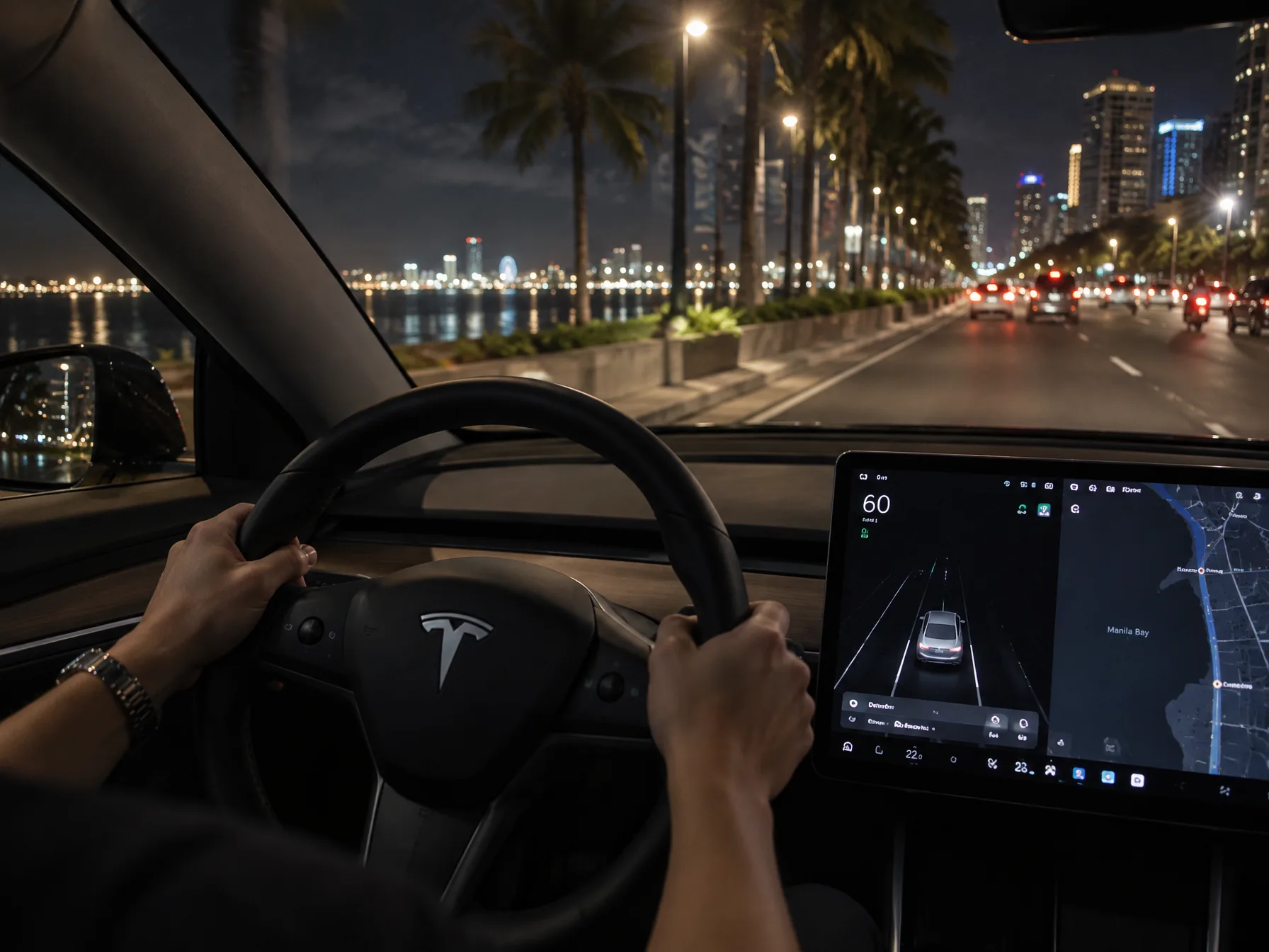 Model Y L cabin at night with ambient lighting and the central screen glowing