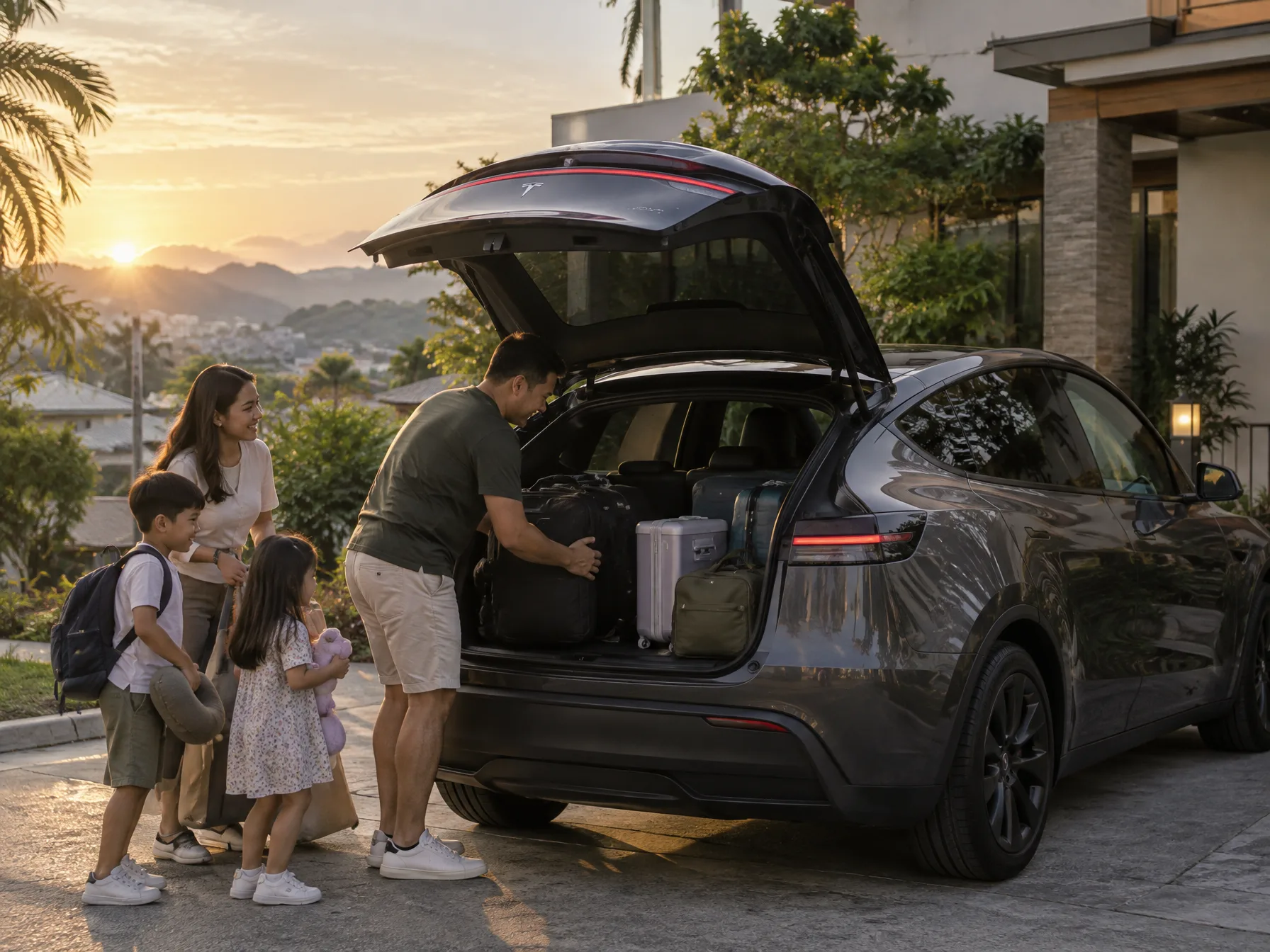 A Filipino family loading luggage into a white Tesla Model Y outside their home at dawn before a weekend trip