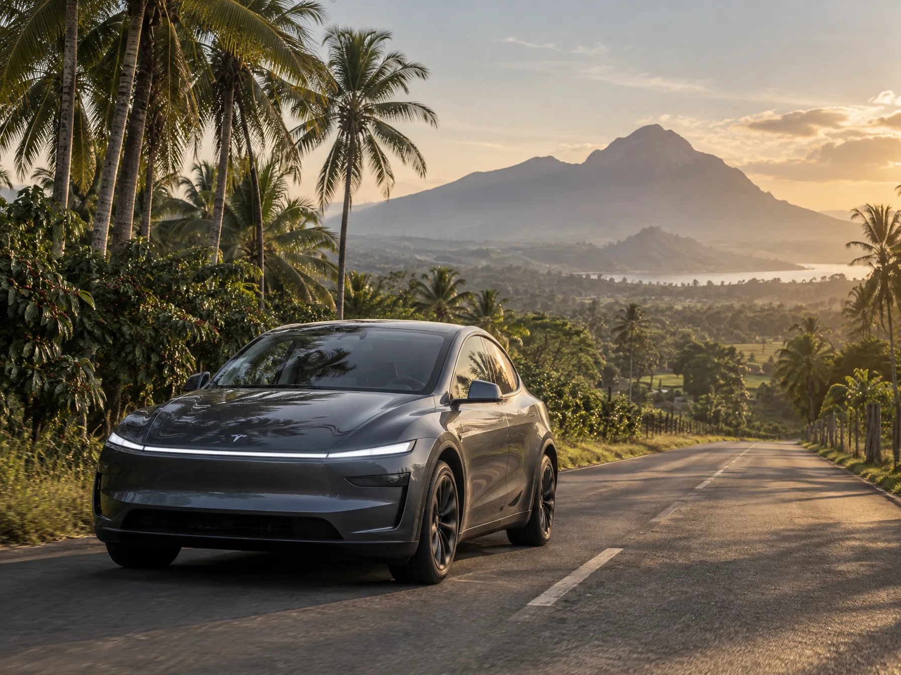 Tesla Model Y L parked in front of a coffee farm landscape near Lipa, Batangas