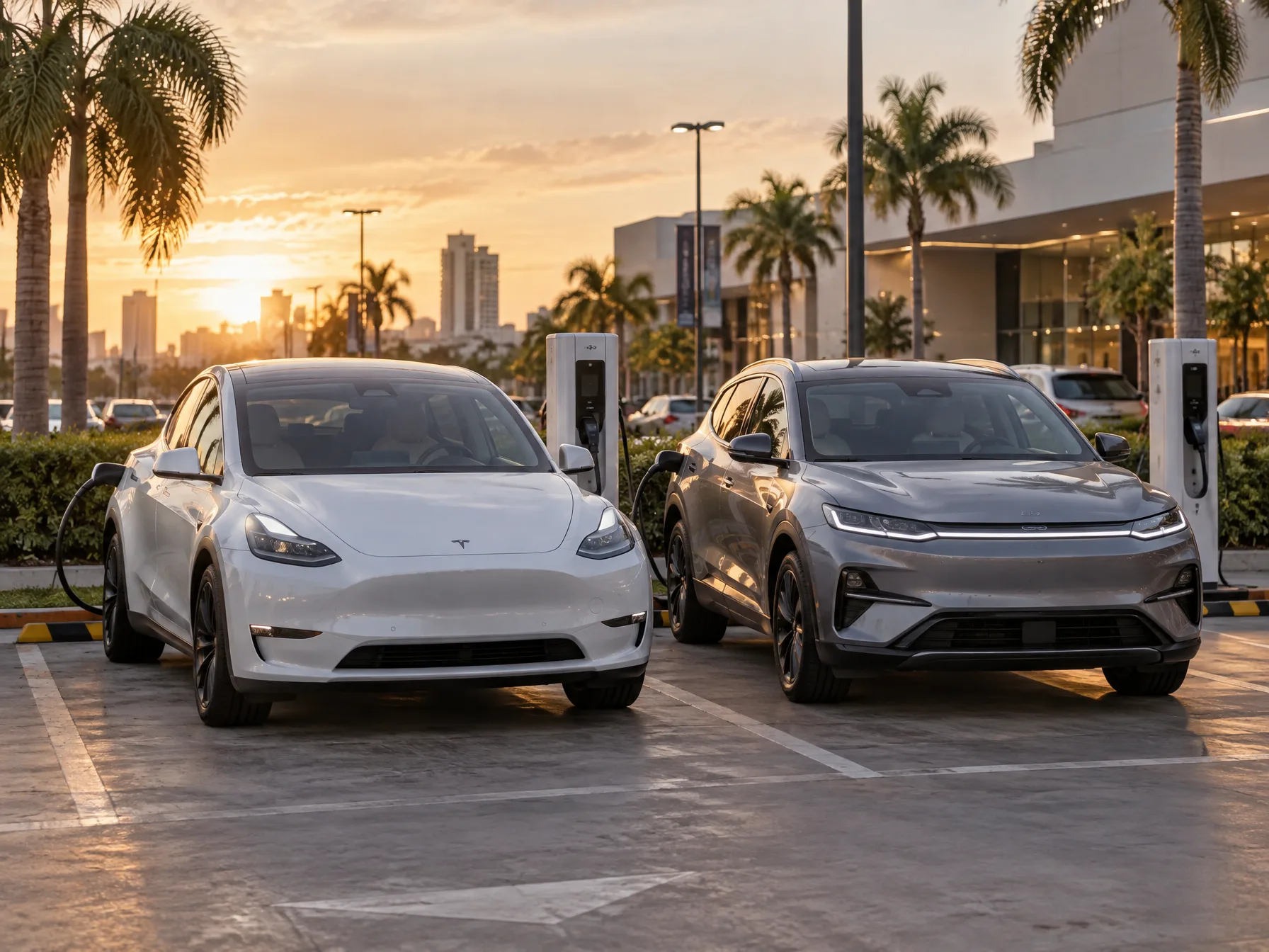 A BYD Sealion 7 and a Tesla Model Y L parked side by side in a Metro Manila mall parking lot