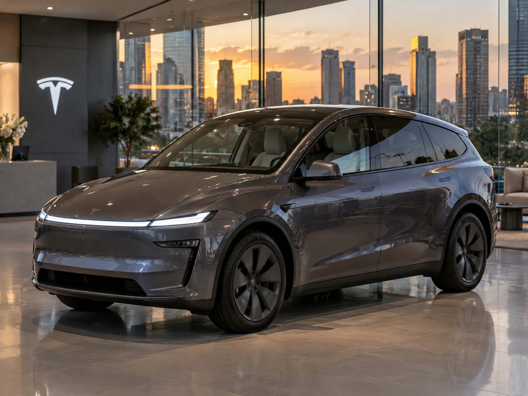 Front three-quarter view of a long-wheelbase Tesla Model Y L in Cosmic Silver on a Metro Manila street