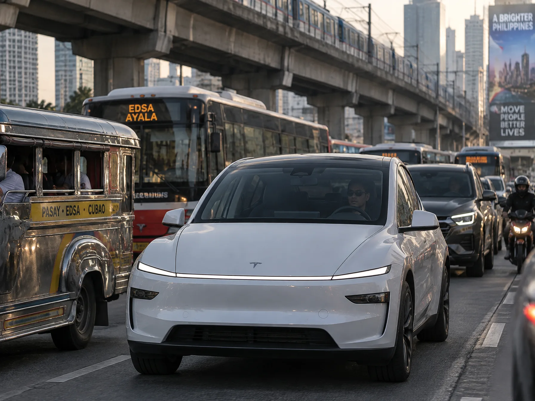 Evening EDSA traffic with a line of cars, a white Tesla Model Y visible among the brake lights