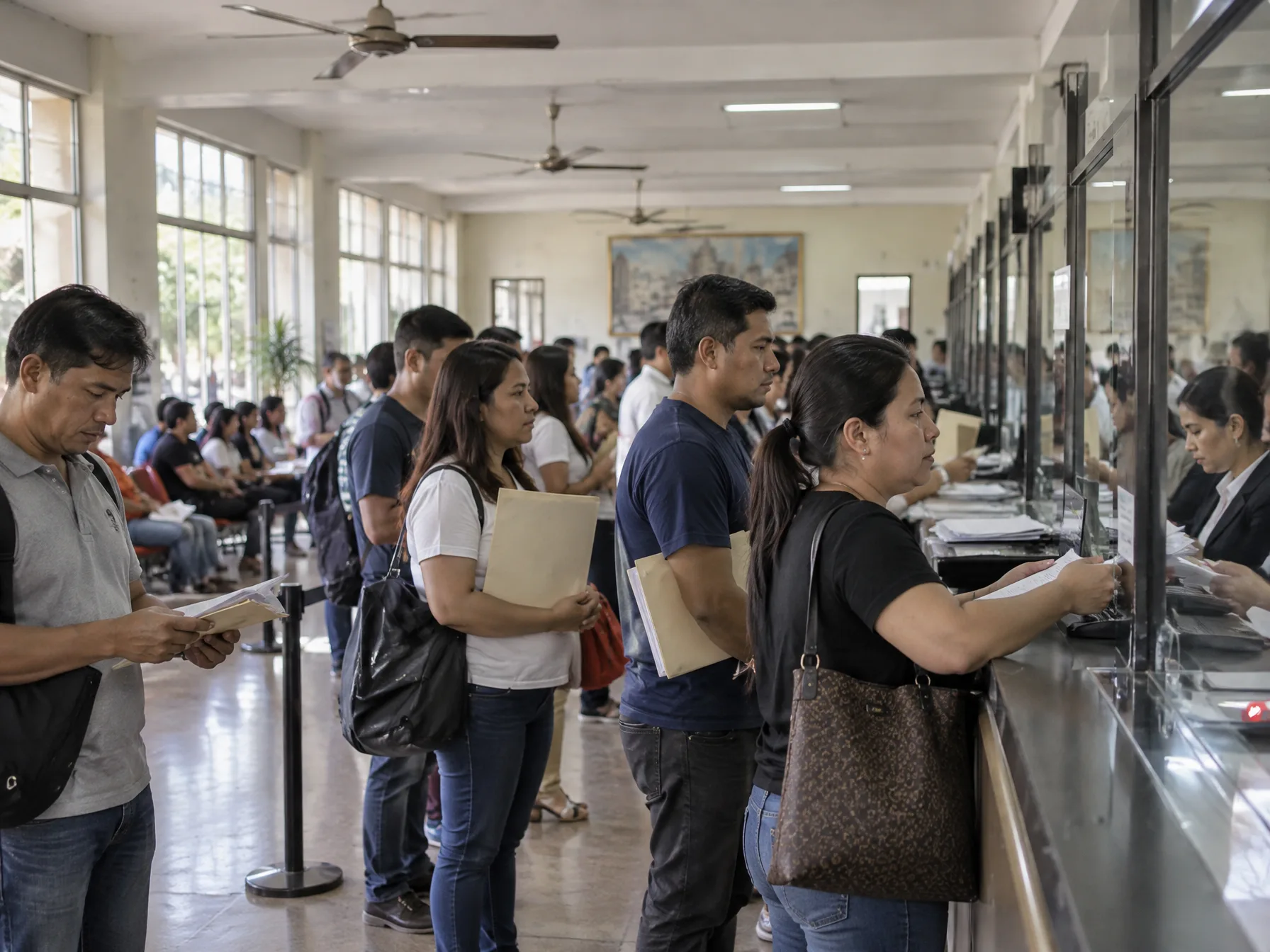A busy but orderly government tax office service counter with queue numbers