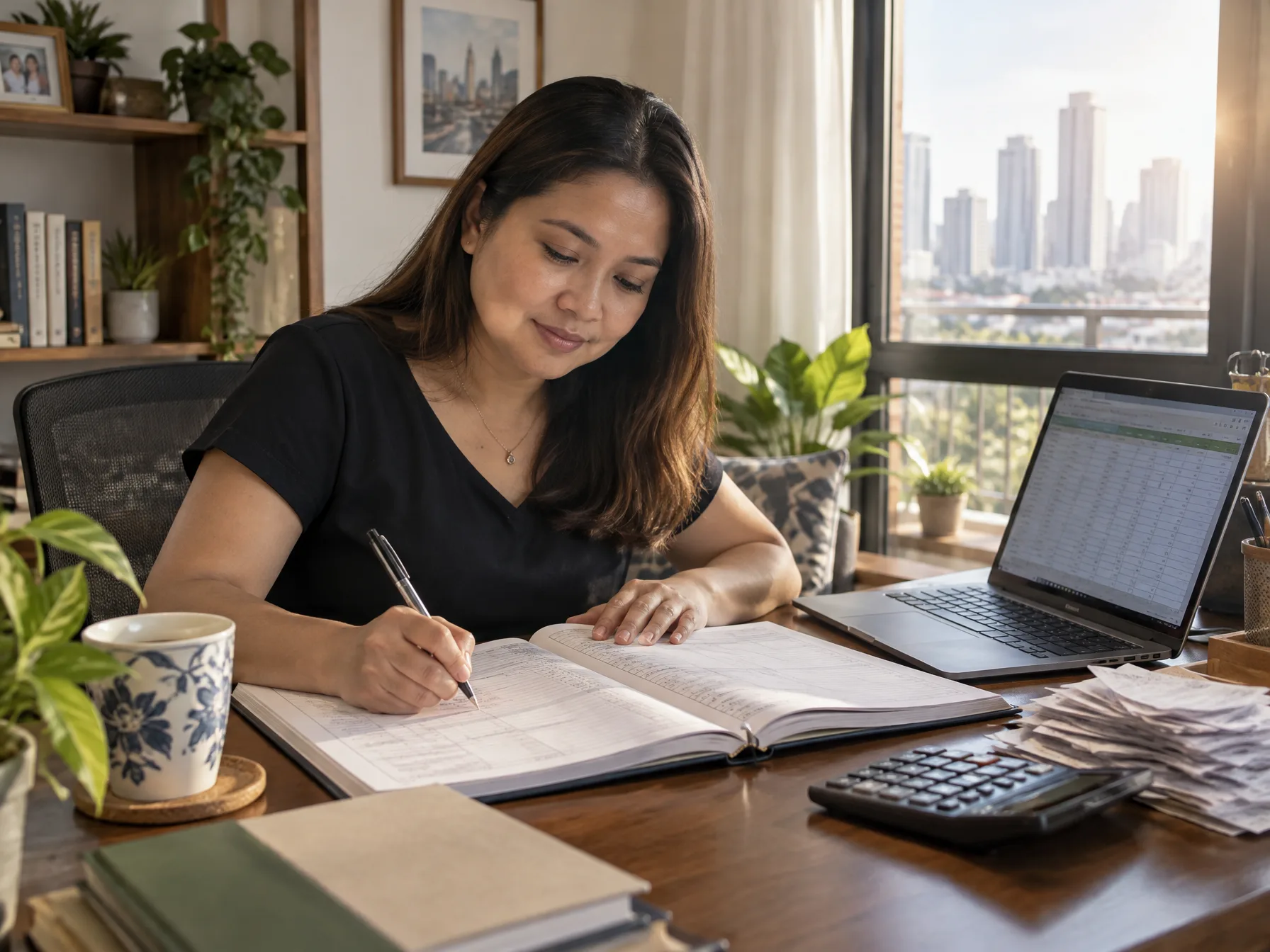 A small-business owner at a desk with a bound ledger, a laptop and a calculator