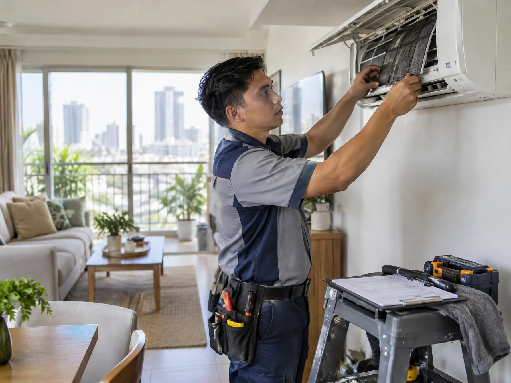 A maintenance technician repairing an air conditioner in a condo unit