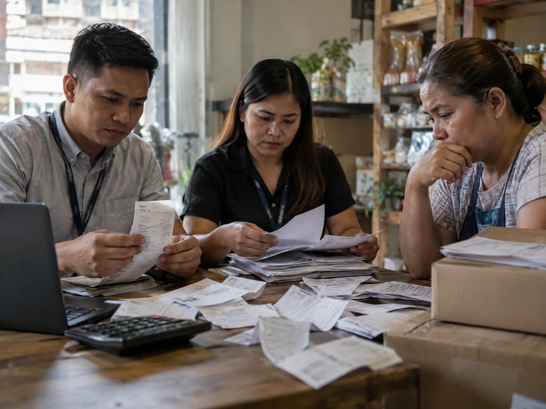 Two auditors reviewing printed ledgers and invoices at a conference table