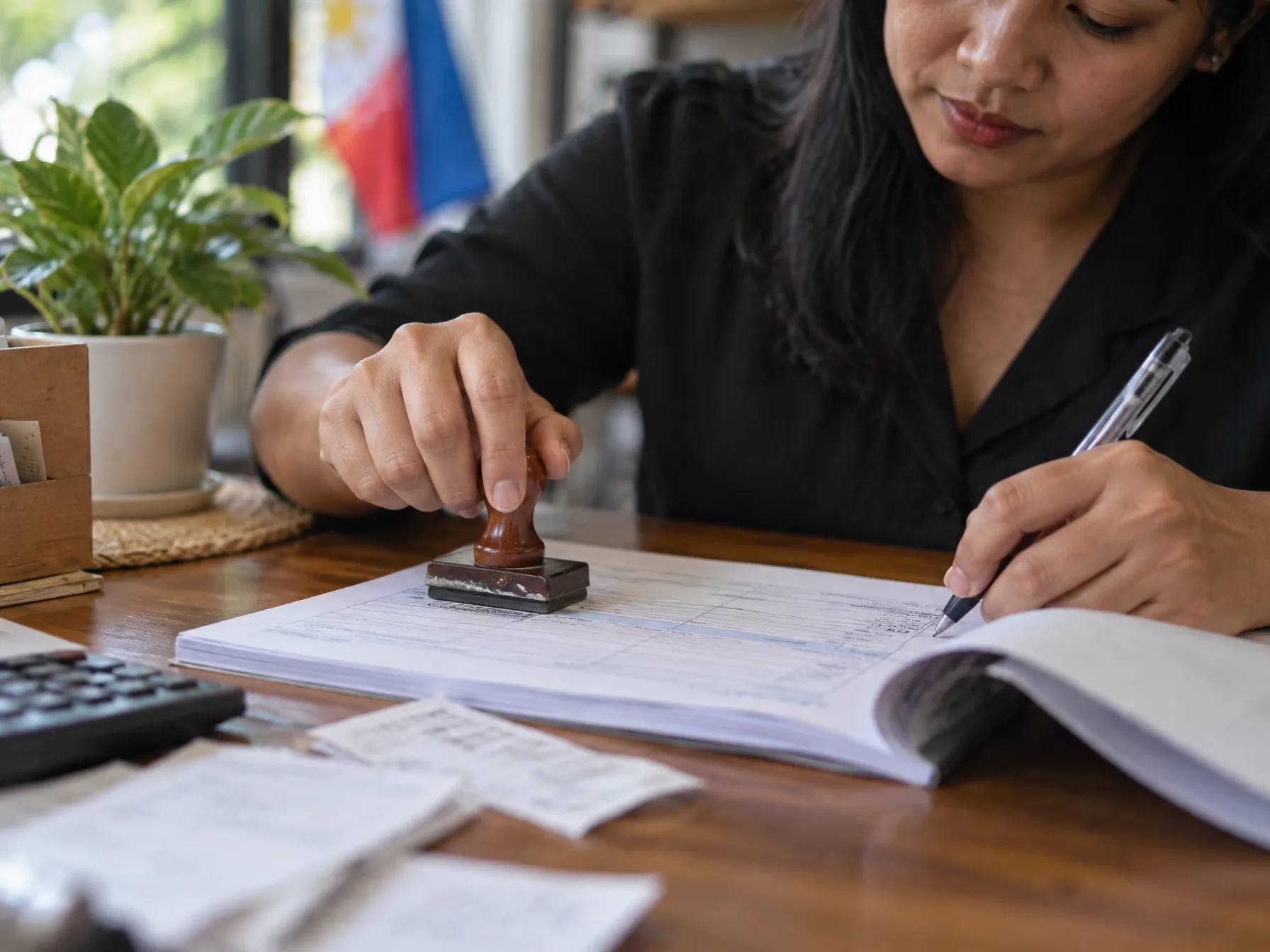 A sales invoice being filled in with the seller's TIN, buyer details and amount