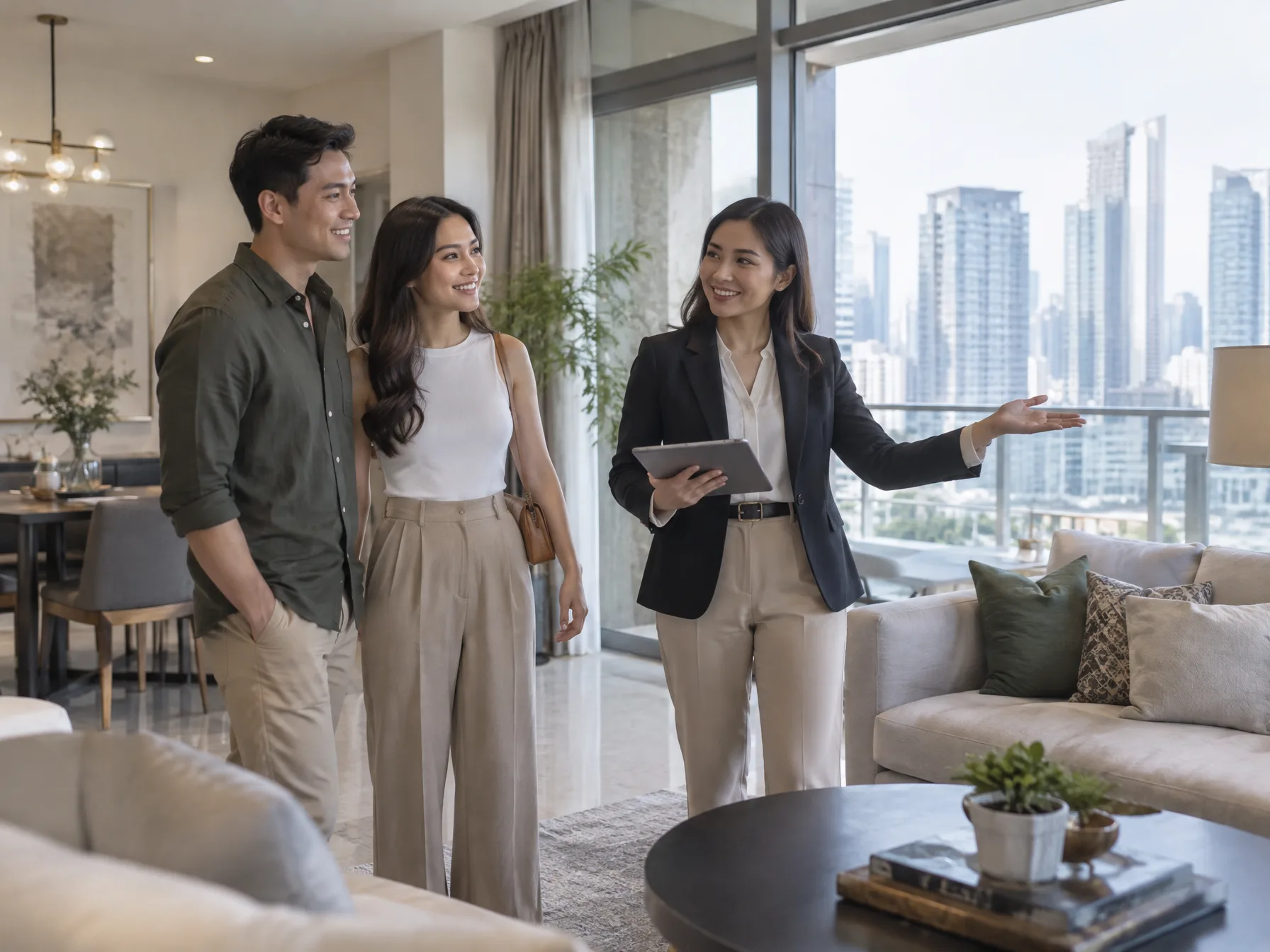 A real estate broker presenting a floor plan to a couple at a table