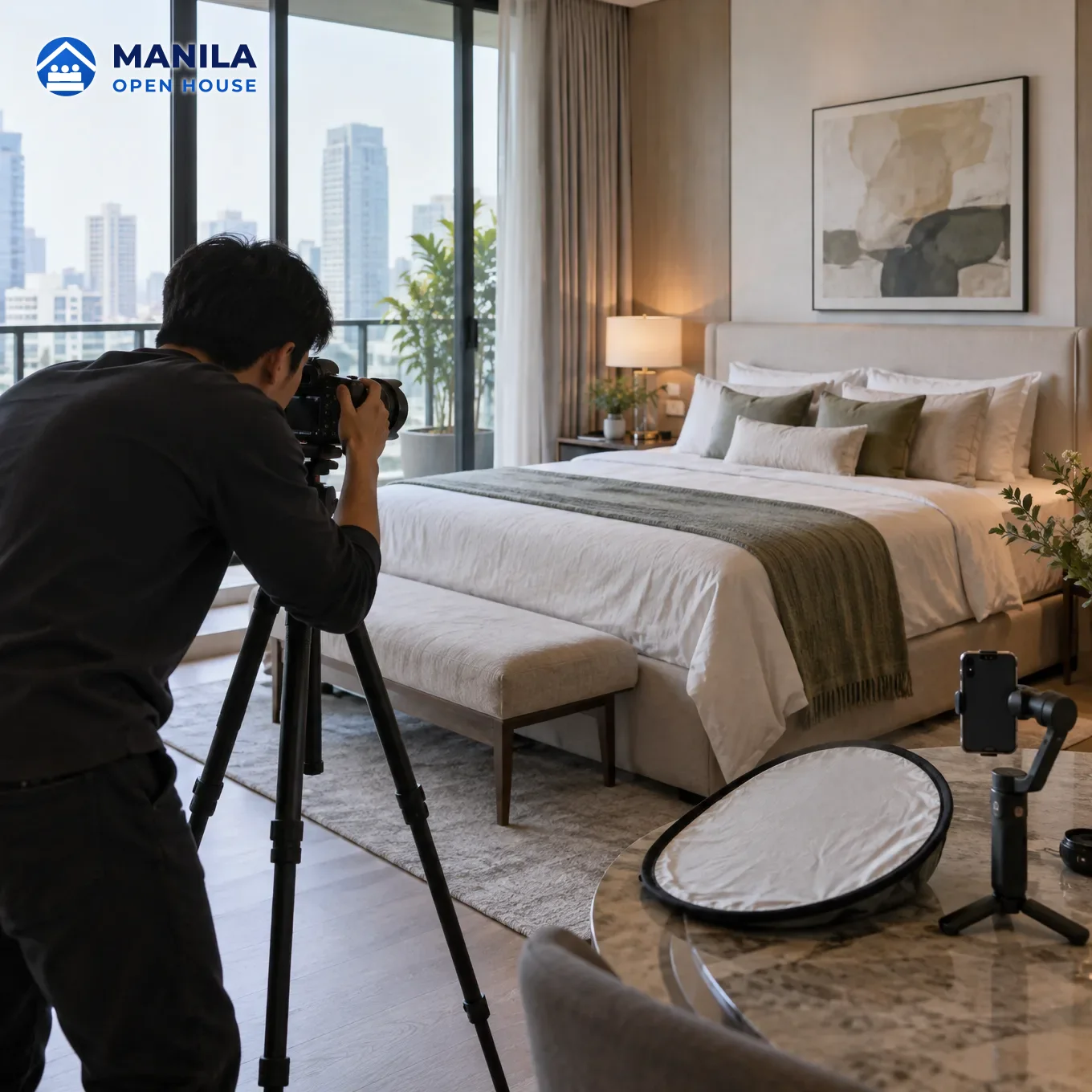 A real estate photographer shooting a bedroom with a camera on a tripod