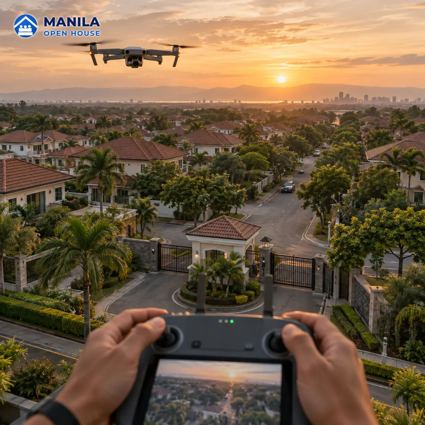 A small drone hovering above a residential subdivision at sunset