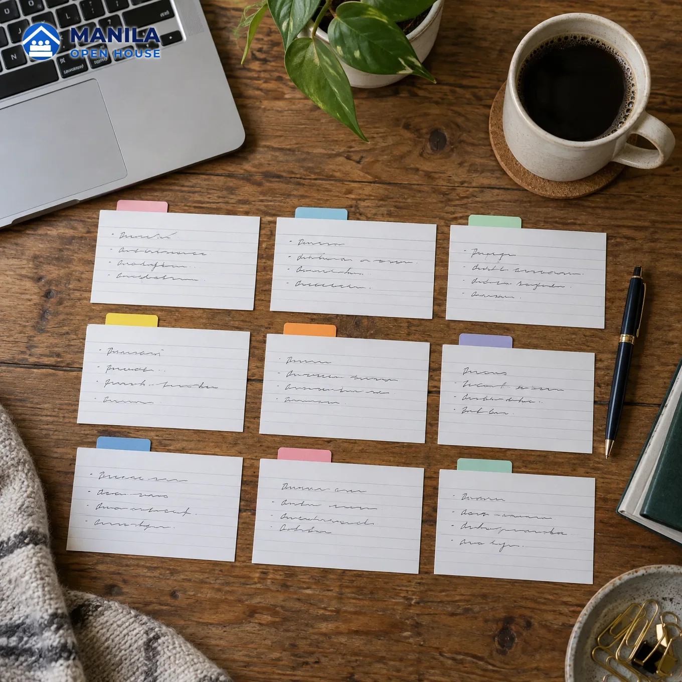 A notebook open to numbered prompt cards next to a laptop