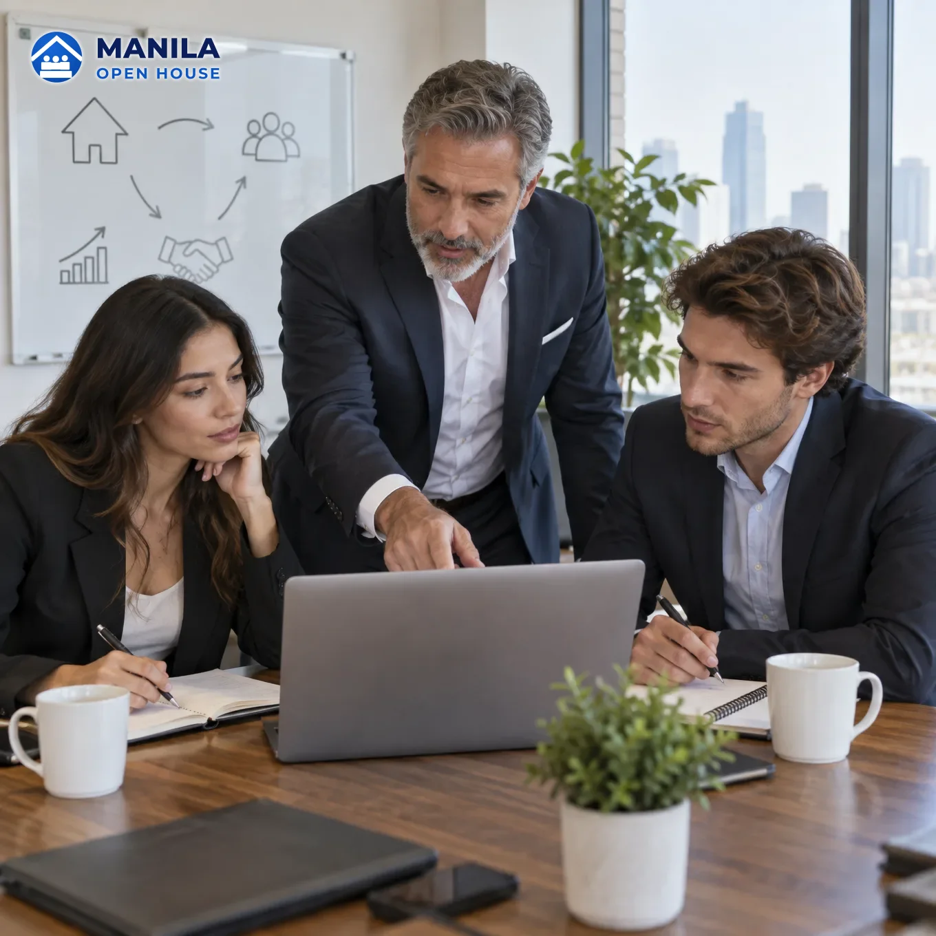 A senior broker coaching a new agent with a notebook at a table
