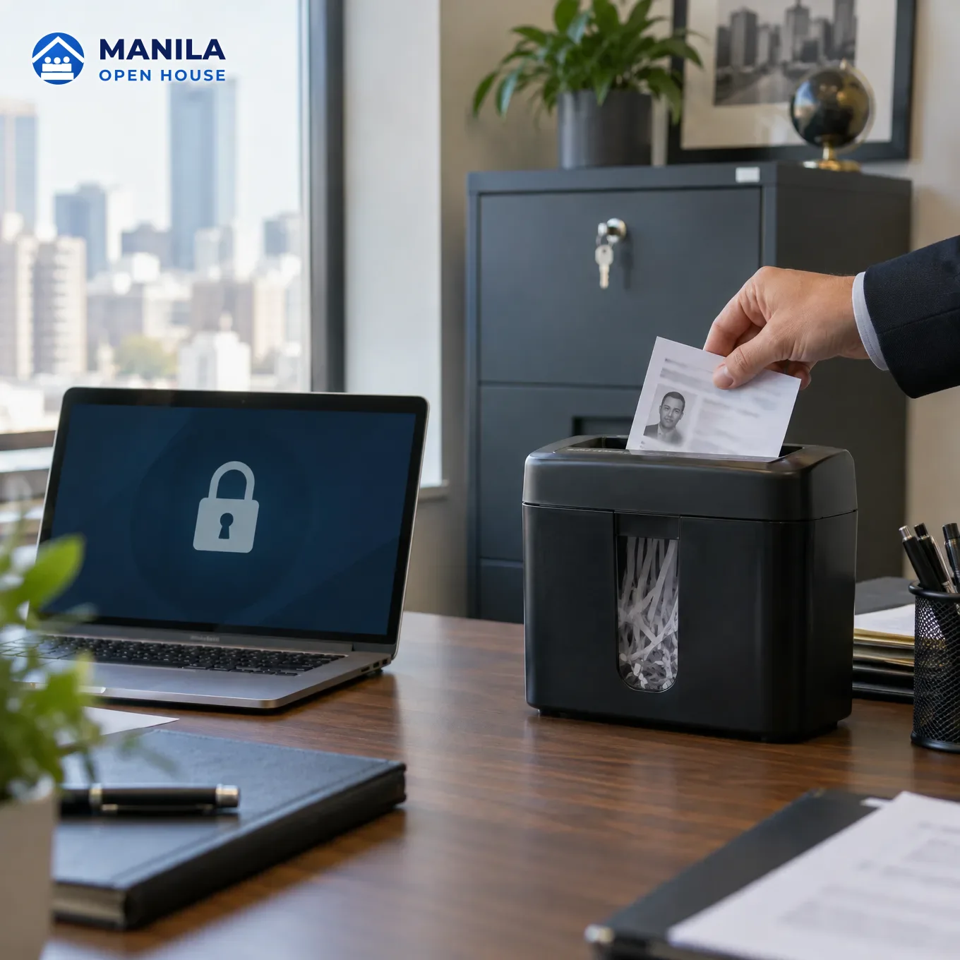 A padlock resting on a stack of ID cards and a laptop, with personal details blurred out