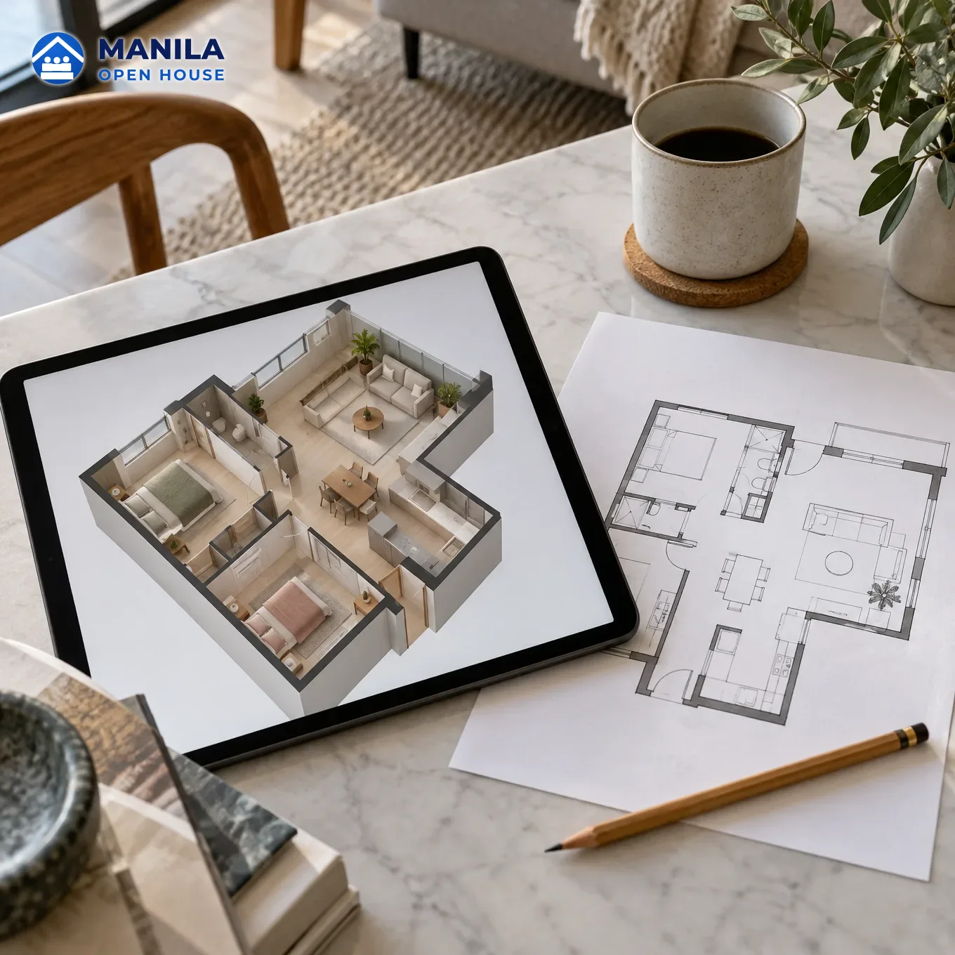 A floor plan drawing turning into a simple 3D room model on a screen