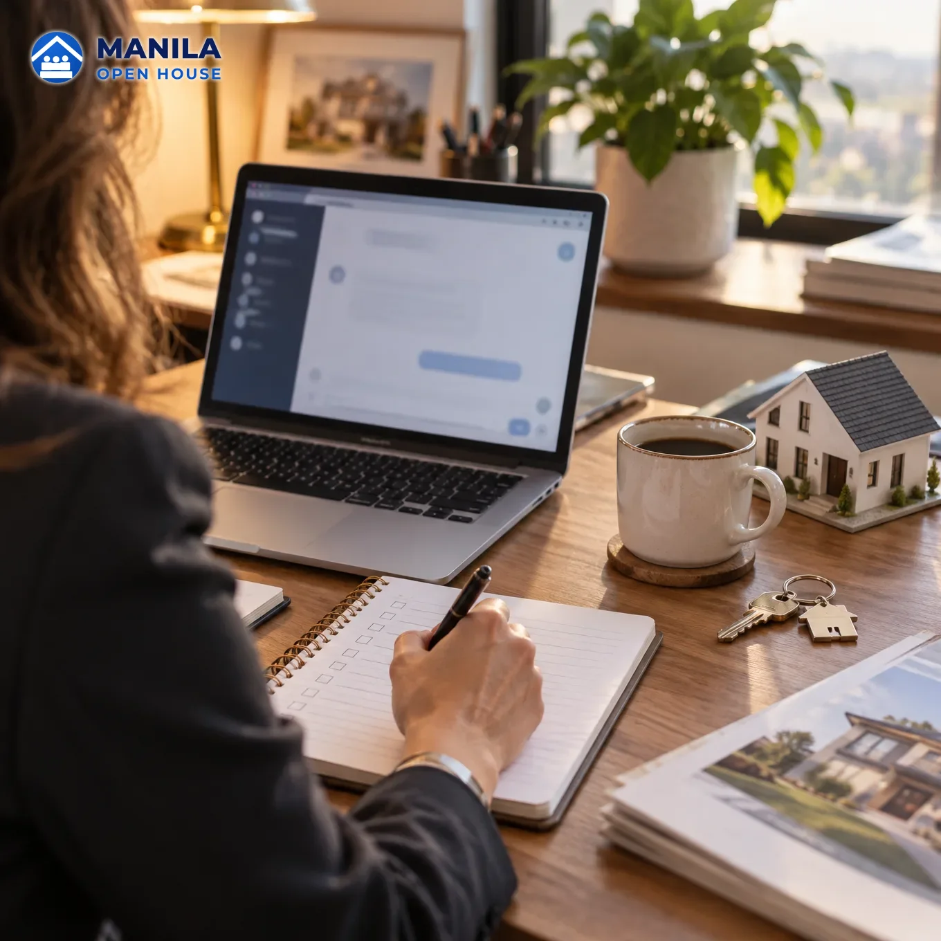 A tidy agent desk with a laptop showing a listing fact sheet, a notebook and a cup of coffee