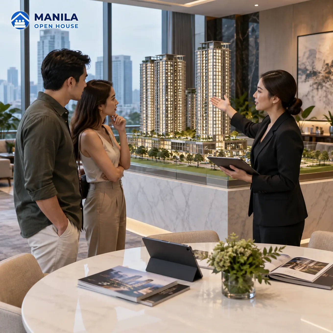 A scale model of a condo tower on a sales gallery table with a brochure and plans