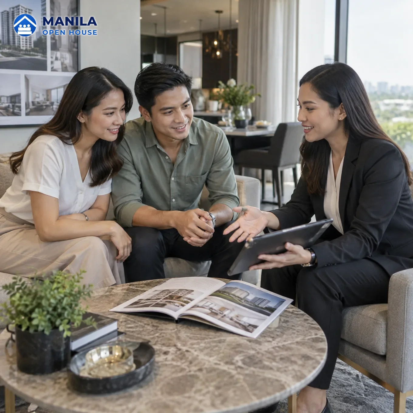 A young Filipino couple sitting with an agent at a table, looking over printed listing details