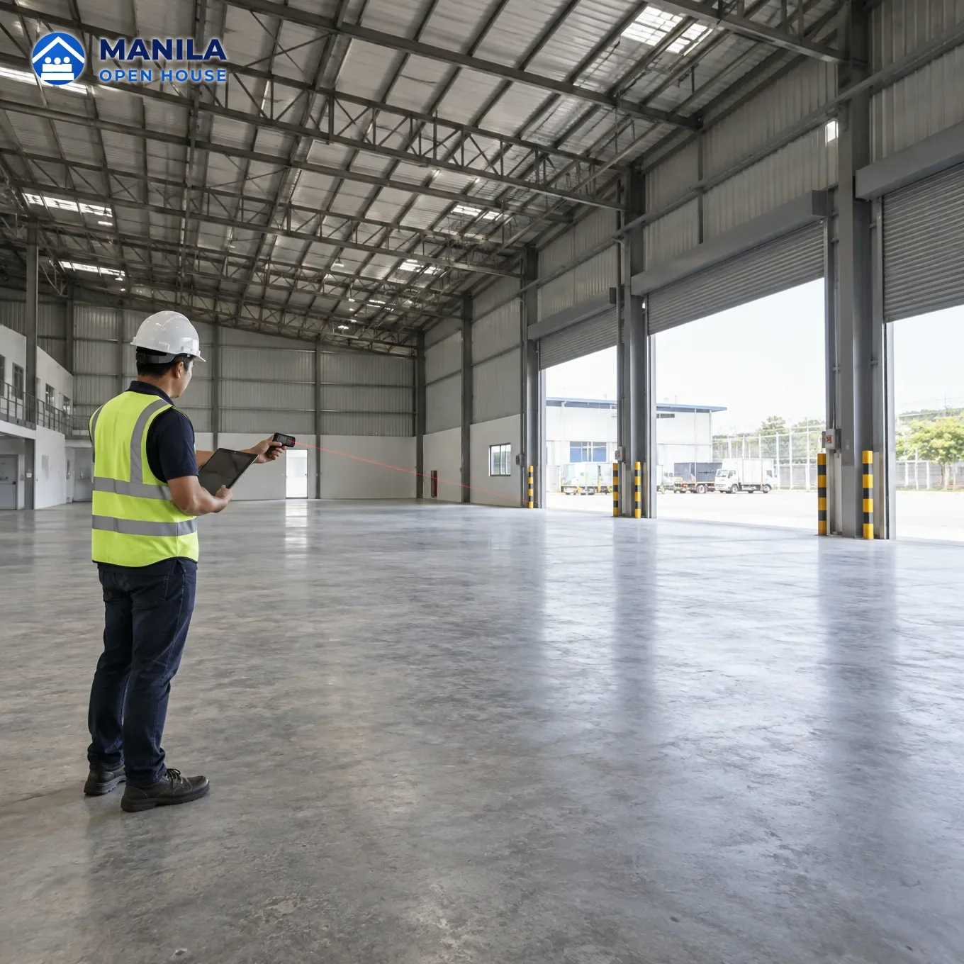 A large warehouse interior with racks and a broker holding a tablet showing a spec sheet