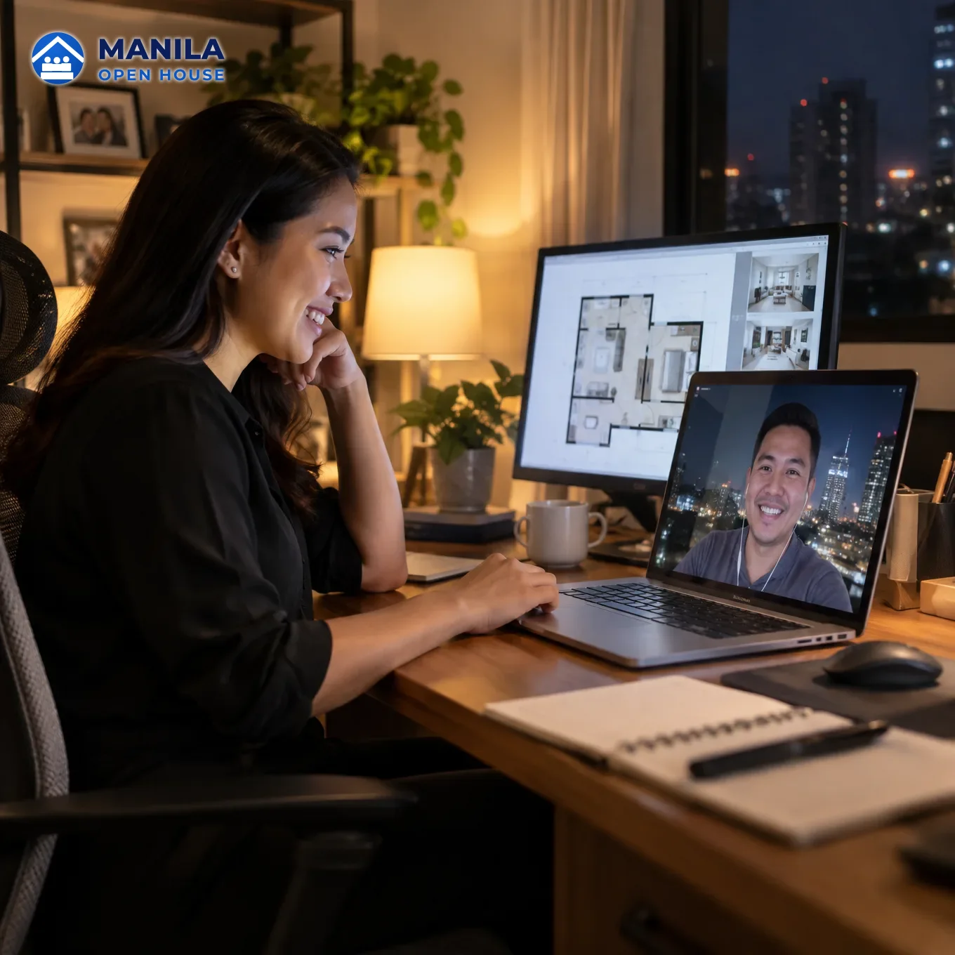 A person video-calling from abroad on a laptop while an agent in the Philippines shows a unit on camera
