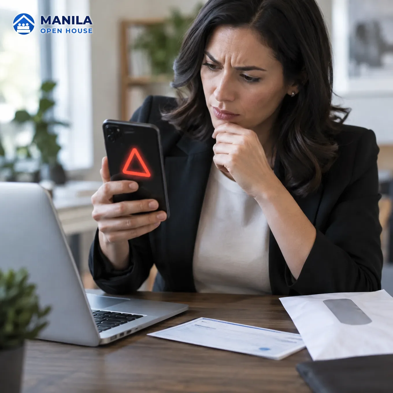 A phone showing a suspicious message asking to change a bank account, with a warning symbol beside a too-cheap listing