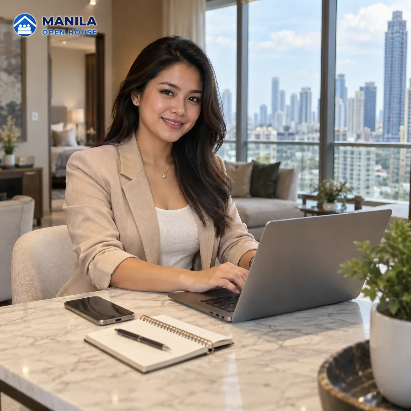A Filipino realtor at a bright desk with a laptop, a phone and a small model house, with soft sparkle shapes suggesting AI help