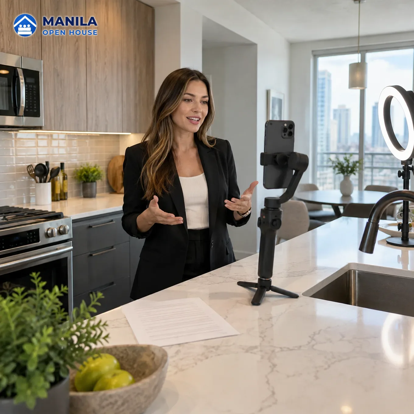 A phone on a gimbal filming a vertical walkthrough video of a kitchen