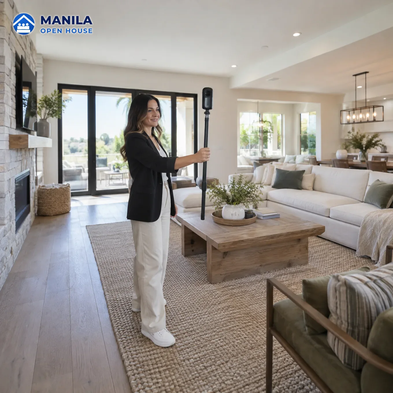 A 360-degree camera on a stand in the middle of a condo living room