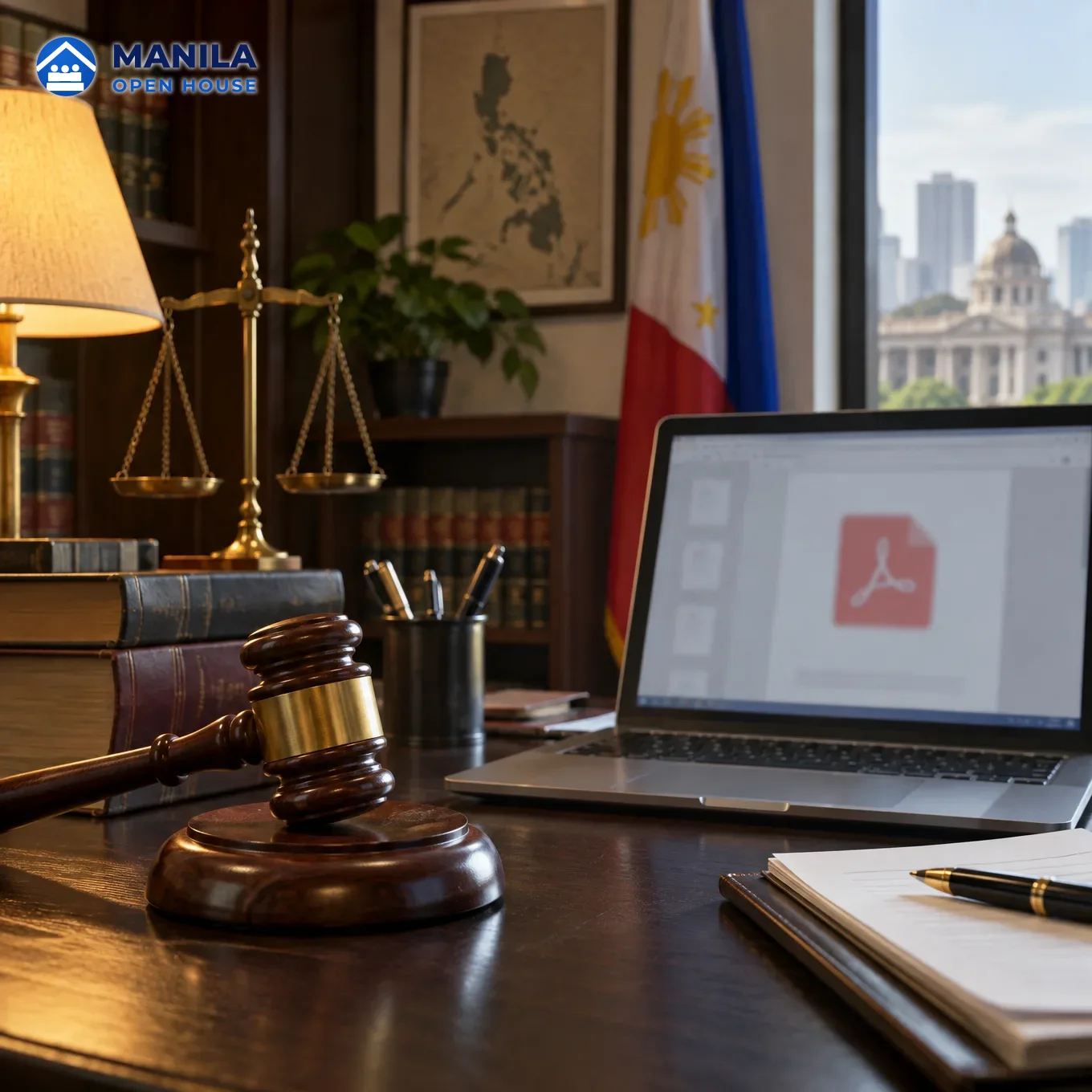 A wooden gavel beside an open laptop on a dark desk