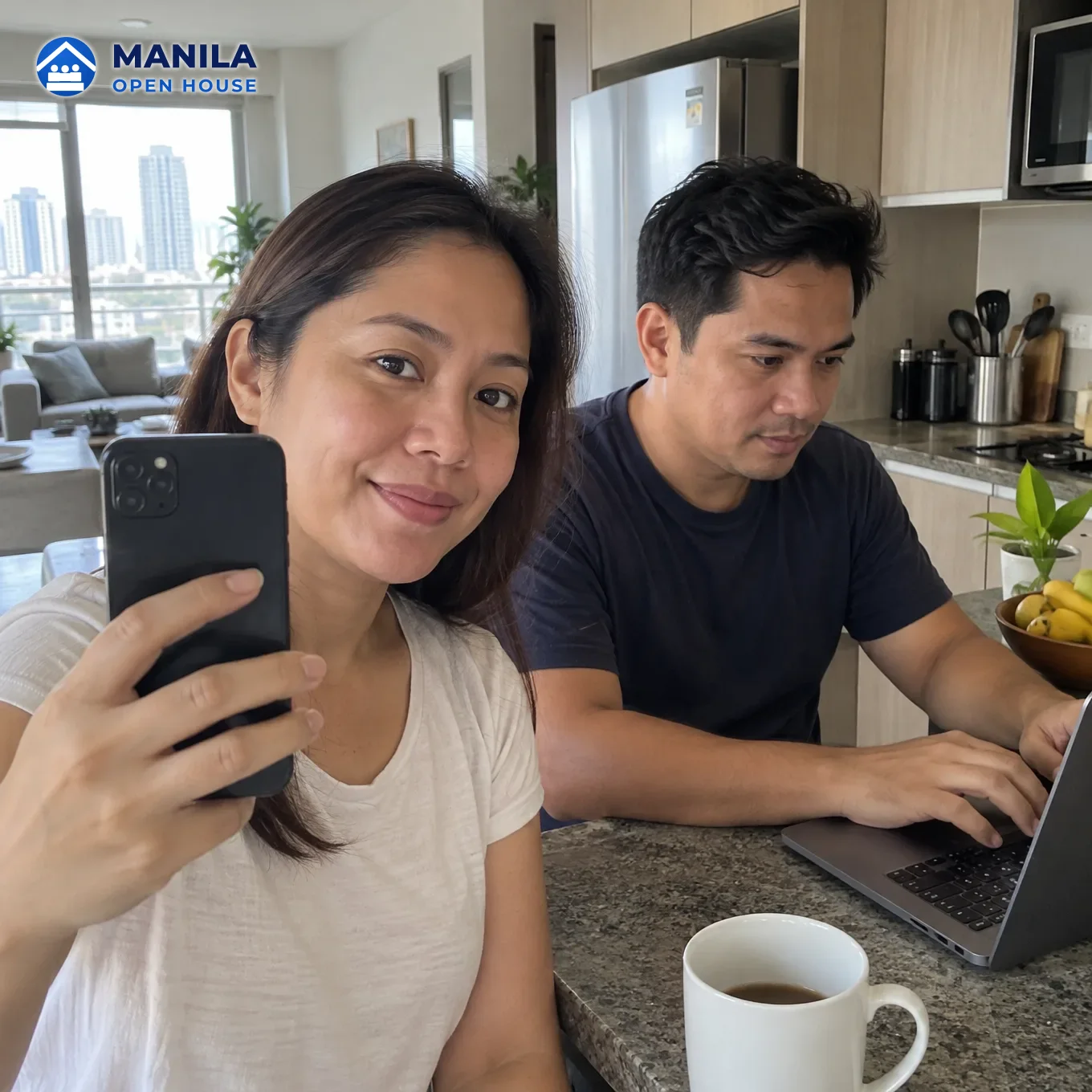 A Filipino couple at a condo kitchen counter doing a selfie-style identity check