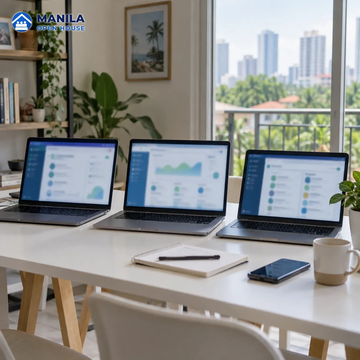 Three laptops side by side each showing a different blurred blue-green web app