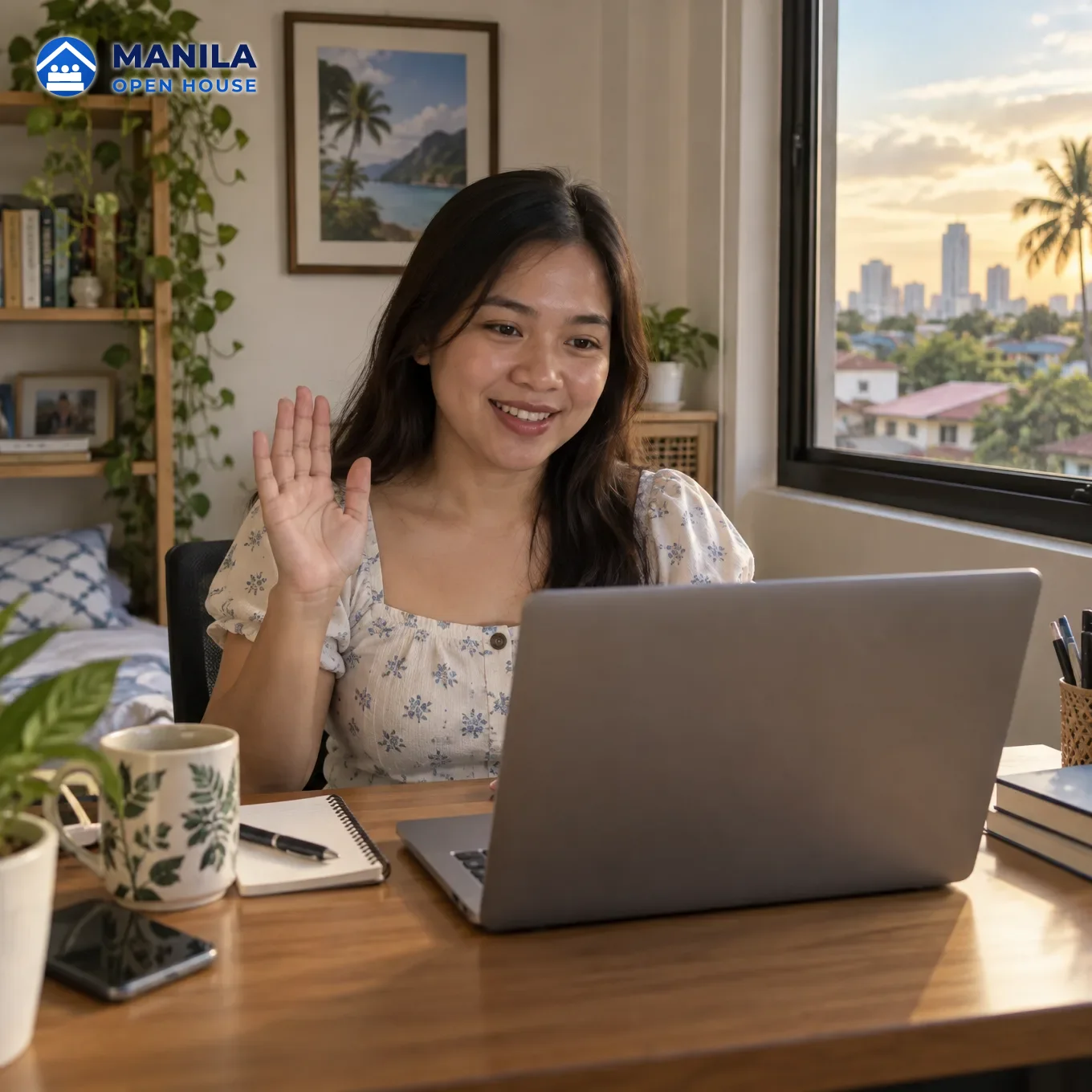 A Filipino woman raising her right hand slightly while looking at a laptop camera