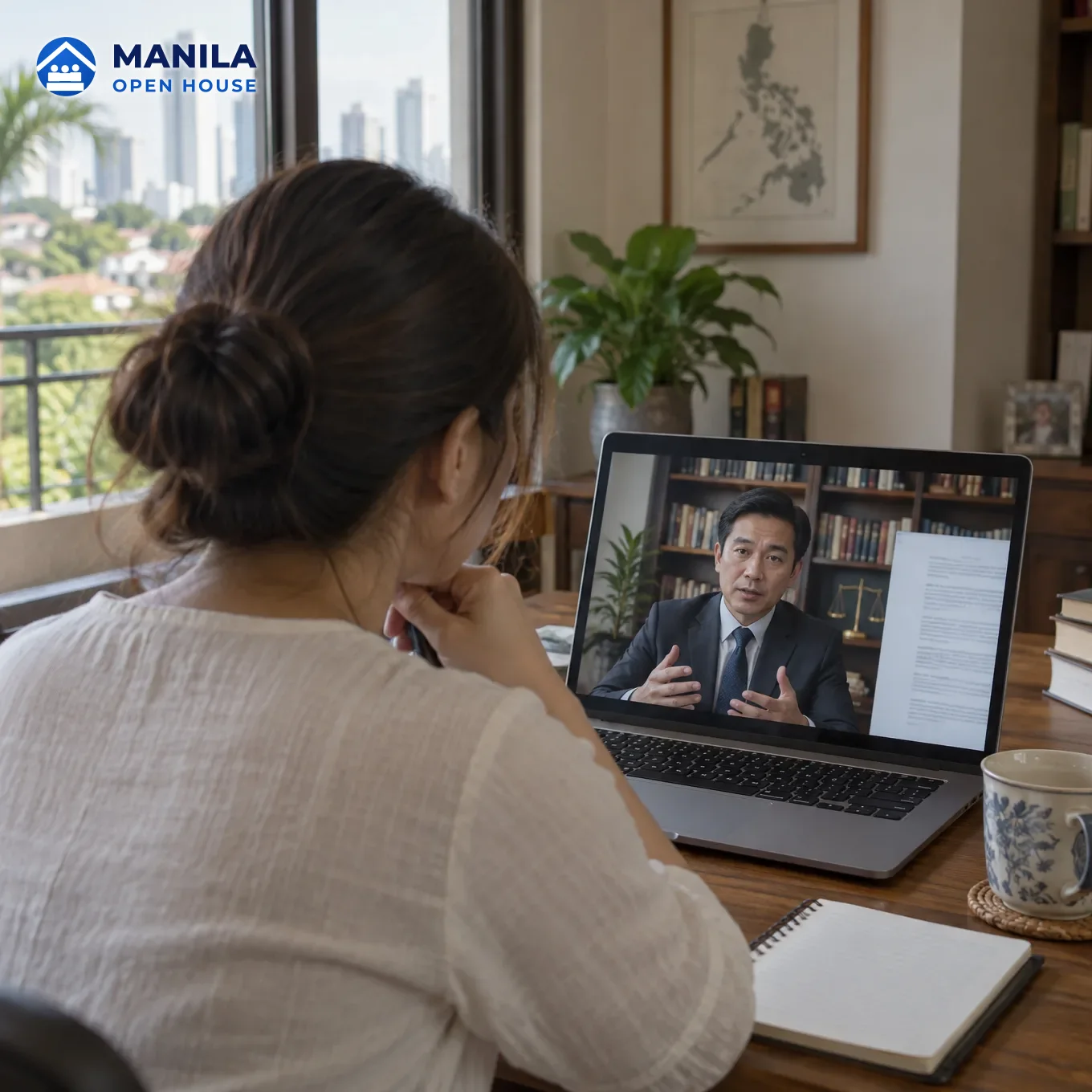 Over-the-shoulder view of a woman on a laptop video call with a lawyer