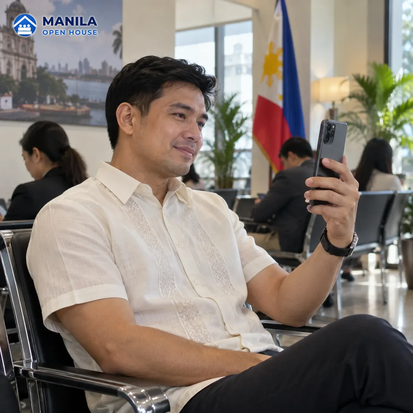 A Filipino man in an embassy waiting room holding a phone upright for a video call