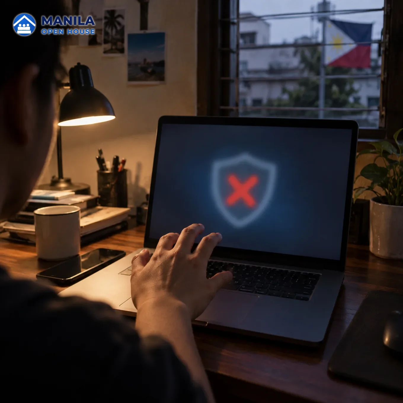 A laptop screen with a blurred shield icon and a red cross overlay