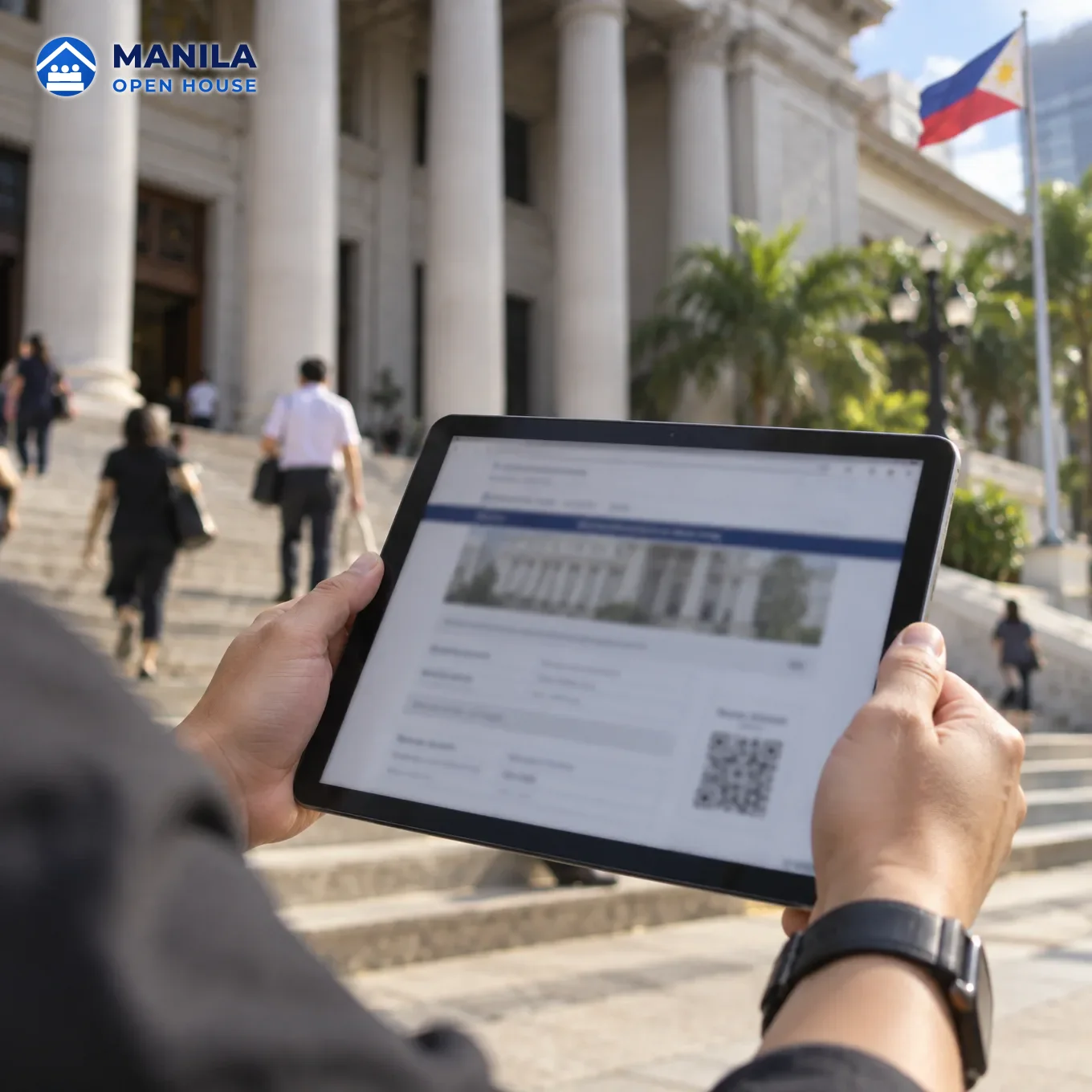 Hands holding a tablet with a blurred official web page and a small QR square