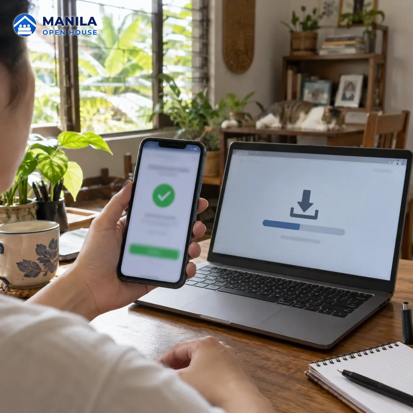 A phone showing a blurred payment-success screen next to a laptop with a download arrow