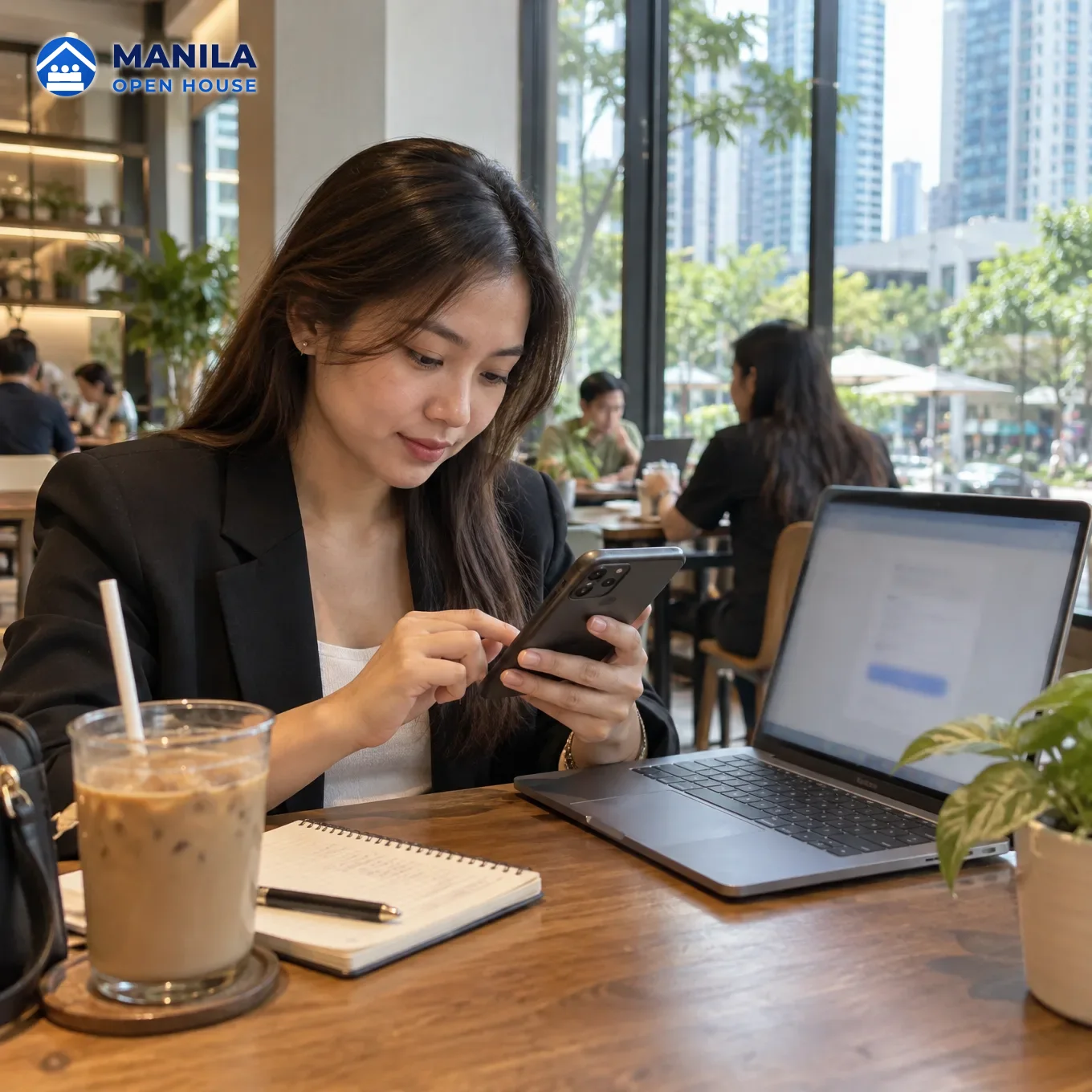 A Filipina professional creating an account on a phone in a BGC cafe